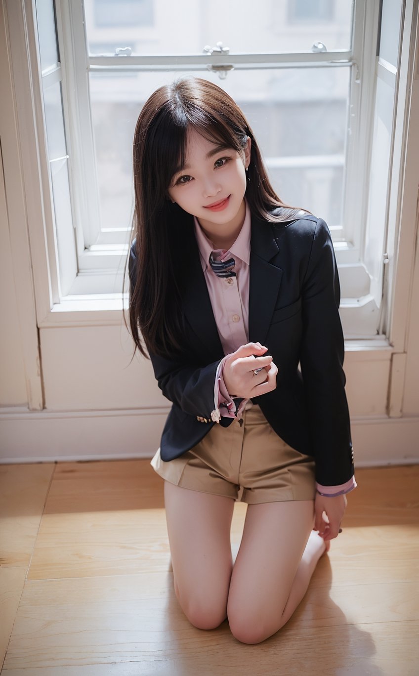 (((((Button_collared_top blazer suit:1.5))))),(((kneeling the floor))),((((far full body shot:1.4)))),(((((old fashioned mini short pants:1.4))))),(beautiful and aesthetic:1.4),((((round cheeks, high-bridged nose, plastic surgery round eyes:1.5)))),((((extra long hair with complete fringes with blurry:1.4)))), ((((against window)))),((((smiling face:1.4)))),(((((Kpop stylish pose:1.5))))),(((((empty room:1.5))))),
perfect.,Bomi,Enhance,Model ,Asian ,Girl,(((eungirl))). ,eungirl,1girl. 