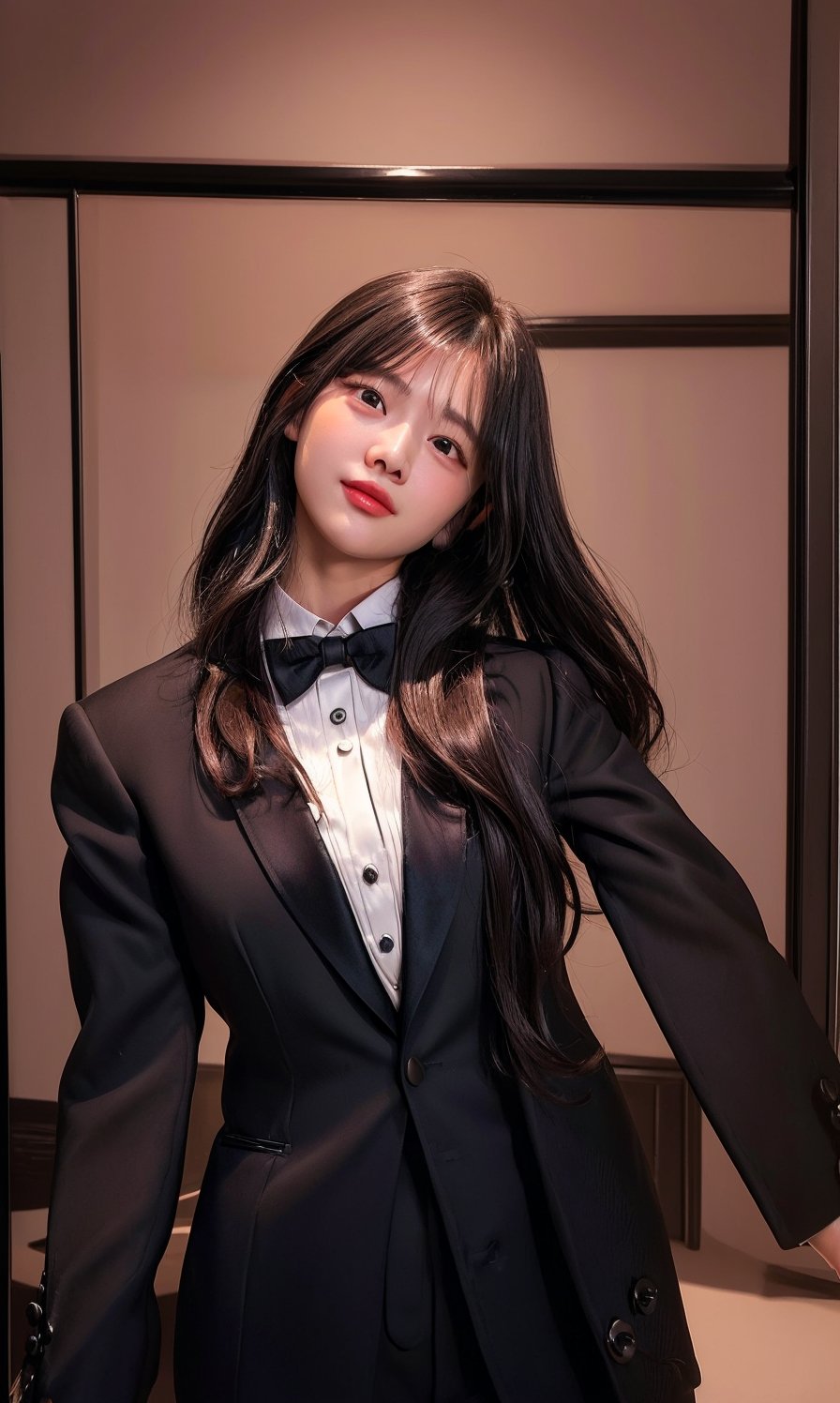 ((((Top_button_collared_Tuxedo_suit:1.5)))),(((Tuxedo_bow_tie:1.4))),((((long_slack_pant:1.4)))),(((((looking_at_viewer,front_viewed:1.5))))),((((standing)))),(((((long_hair_with_complete_bangs:1.6))))),(((beautiful and aesthetic:1.4))),(((((happy_face:1.6))))),((((round cheeks, high-bridged nose:1.5)))),(((((girl_room:1.5))))),
perfect.,Bomi,Enhance,Model ,Asian ,eungirl,((((1girl)))).,((Perfect lips)).,1 girl,perfect light