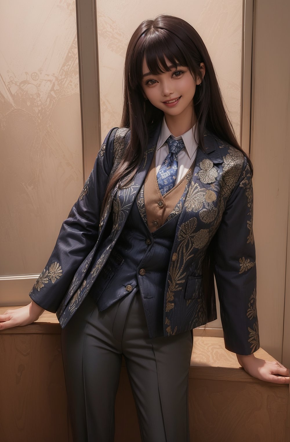 ((((((Batik_blazer_jacket:1.5)))))),(((((button_waistcoat_wear_inside_blazer:1.5))))),(((((top_button_collared_shirt:1.5))))),(((necktie:1.3))),(((((long_pants:1.5))))),((((standing:1.5)))),(((((looking_at_viewer:1.6))))),(((((long_hair_with_complete_bangs:1.6))))),(((beautiful and aesthetic:1.4))),(((((smile_face:1.6))))),((((round cheeks, high-bridged nose:1.5)))),(((((office:1.7))))),
perfect.,Bomi,Enhance,Model ,Asian ,eungirl,((((1girl)))).,((Perfect lips)).