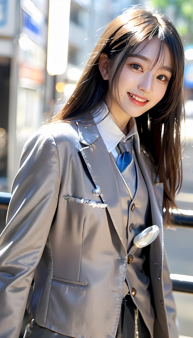 (((((Front viewed, medium level shot:1.2))))), ((standing)), (1girl), (((((young cute Japanese face))))), (((((British style silver grey gentleman's button blazer suit and waistcoat:1.5))))), ((((necktie:1.3)))), (((long trousers:1.3))), ((medium body shot)), (((((smiling face:1.5))))), (((plastic surgery huge shining round eyes, small chin, small low jaw, high-bridged nose, small face, small mouth:1.4))), ((extra long hair with fringes with blurry:1.4)), ((Tokyo street:1.4)).,Bomi,photorealistic,1 girl