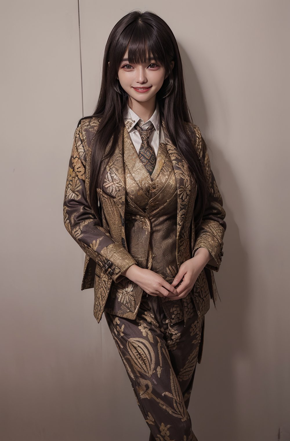 ((((((Batik_blazer_jacket:1.6)))))),(((((button_waistcoat_wear_inside_blazer:1.5))))),(((((top_button_collared_shirt:1.5))))),(((necktie:1.3))),(((((long_pants:1.5))))),((((standing:1.5)))),(((((looking_at_viewer:1.6))))),(((((long_hair_with_complete_bangs:1.6))))),(((beautiful and aesthetic:1.4))),(((((smile_face:1.6))))),((((round cheeks, high-bridged nose:1.5)))),(((((office:1.7))))),
perfect.,Bomi,Enhance,Model ,Asian ,eungirl,((((1girl)))).,((Perfect lips)).