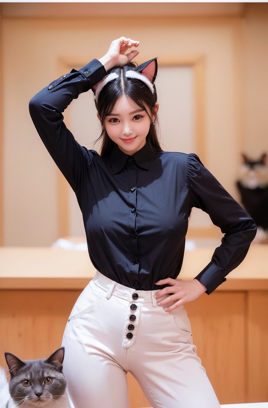 (((((Top_button_collared_long_sleeve_shirt:1.5))))),((((long_pants)))),((((standing)))),(((((front_viewed:1.5))))),(((((extra_long_hair_with_complete_fringes_with_blurry:1.5))))),(((cute_smiling_face:1.5))),((((looking_at_viewer:1.4)))),((((wear_cat's_ears:1.5)))),(beautiful and aesthetic:1.4),((((round cheeks, high-bridged nose, plastic surgery round eyes:1.5)))), (((Kpop style pose:1.4))),(((bank office))),
perfect.,Bomi,Enhance,Model ,Asian ,eungirl,((((1girl)))).,((Perfect lips)).,perfect light