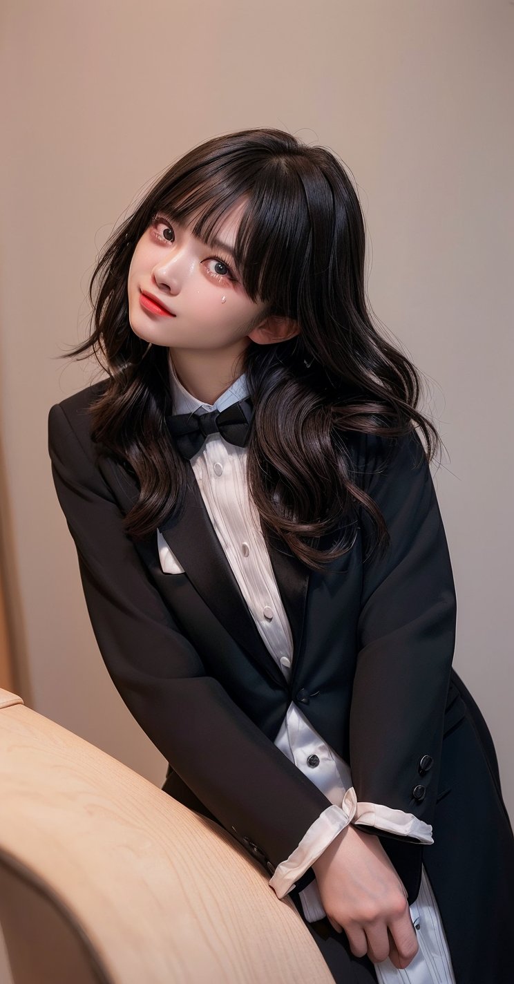 ((((Top_button_collared_Tuxedo_suit:1.5)))),(((Tuxedo_bow_tie:1.4))),((((long_slack_pant:1.4)))),(((((looking_at_viewer,front_viewed:1.5))))),((((standing)))),(((((long_hair_with_complete_bangs:1.6))))),(((beautiful and aesthetic:1.4))),(((((happy_face_with_tears:1.6))))),((((round cheeks, high-bridged nose:1.5)))),(((((girl_room:1.5))))),
perfect.,Bomi,Enhance,Model ,Asian ,eungirl,((((1girl)))).,((Perfect lips)).,1 girl,perfect light