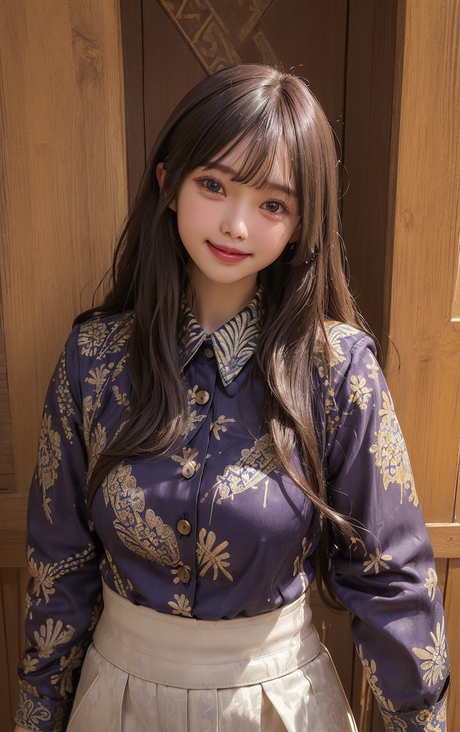 (((((Batik_top_button_collared_shirt:1.6))))),(((((long_pants:1.5))))),((((standing:1.5)))),(((front_viewed,looking_at_viewer:1.6))),(((((long_hair_with_complete_bangs:1.6))))),(((beautiful and aesthetic:1.4))),(((((smile_face:1.6))))),((((round cheeks, high-bridged nose:1.5)))),(((((office:1.7))))),
perfect.,Bomi,Enhance,Model ,Asian ,eungirl,((((1girl)))).,((Perfect lips)),lora:Ultra_Detailer:2