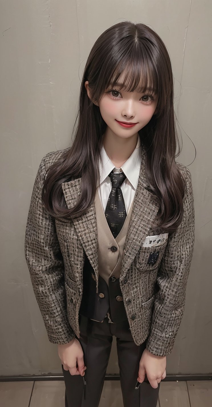 (Tweed_black_blazer_jacket:1.6),(button_waistcoat_wear_inside_blazer:1.5),(top_button_collared_shirt:1.4),(necktie:1.3),(long_pants:1.4),(((((looking_at_viewer,establishing_shot:1.6))))),(((((long_straight_hair_with_complete_bangs:1.8))))),((((standing:1.6)))),(((beautiful_and_aesthetic:1.4))),(((((happy_smile_face:1.6))))),((((plastic_surgery_round_eyes, round_cheeks, high-bridged_nose:1.5)))),((office_room:1.6)),
perfect.,Bomi,Enhance,Model ,Asian ,eungirl,((((1girl)))).,((Perfect lips)).,1 girl,perfect light.