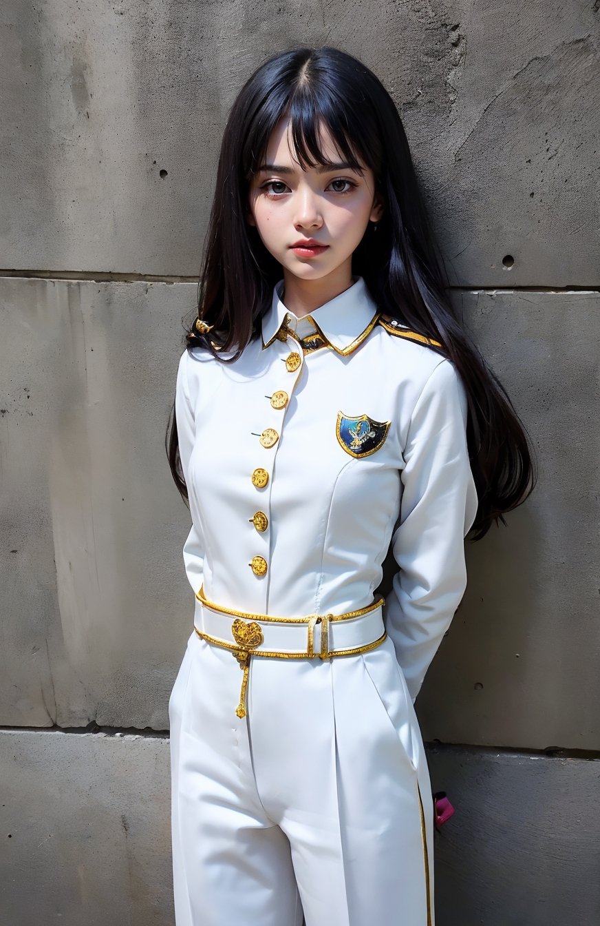 (((((Button_up white collared long sleeve royal guard uniform:1.5))))),((((long slacks:1.4)))),((((royal guard badges:1.4)))),(((((standing))))),((((front viewed, medium body shot:1.4)))),((((arms behind back:1.3)))),(((extra long hair with bangs with blurry))),((((happy cute face:1.4)))),(((((against wall:1.4))))),((((heavy winds:1.4)))). (Ultra-realistic, best photograph, best quality:1.3), (beautiful amd aesthetic:1.4),
perfect.,Bomi,Enhance,Model ,Asian ,Girl,(((eungirl))). ,eungirl,1girl. ,(((chutirada))).,JeeSoo 