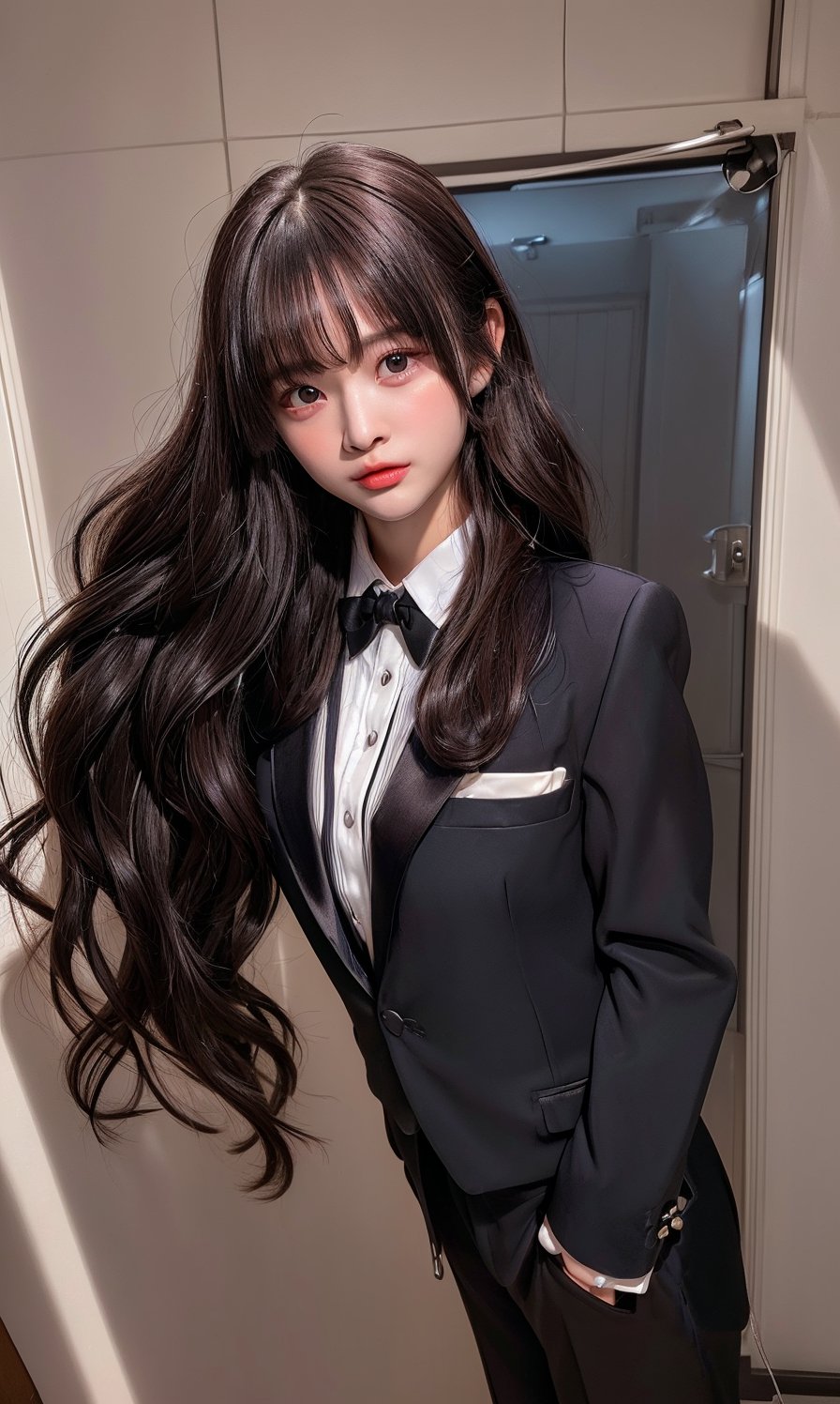 ((((Top_button_collared_Tuxedo_suit:1.5)))),(((Tuxedo_bow_tie:1.4))),((((long_slack_pant:1.4)))),(((((looking_at_viewer,front_viewed:1.5))))),((((standing)))),(((((long_hair_with_complete_bangs:1.6))))),(((beautiful and aesthetic:1.4))),(((((happy_face:1.6))))),((((round cheeks, high-bridged nose:1.5)))),(((((girl_room:1.5))))),
perfect.,Bomi,Enhance,Model ,Asian ,eungirl,((((1girl)))).,((Perfect lips)).,1 girl,perfect light