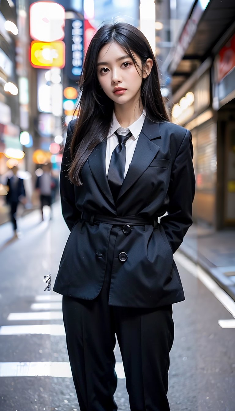 (((((Front viewed, medium level shot:1.2))))), ((standing)), (1girl), (((((young cute Japanese face))))), (((((British style black gentleman's button blazer suit:1.5))))), ((((necktie:1.3)))), (((long trousers:1.3))), ((medium body shot)), (((((smiling face:1.5))))), (((plastic surgery huge shining round eyes, small chin, small low jaw, high-bridged nose, small face, small mouth:1.4))), (((((arms_behind_back:1.5))))), ((extra long hair with fringes with blurry:1.4)), ((Tokyo street:1.4)).,Bomi,photorealistic,1 girl