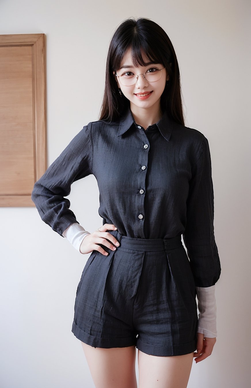 ((((((Button_collared_top linen long sleeve shirt:1.5)))))),((standing)),((((front viewed,medium shot:1.4)))),((((black mini short pants:1.4)))),(((stylish long hair with complete bangs with blurry))),(((((smiling face:1.5))))),(Ultra-realistic, best photograph, best quality:1.3),((((round thin glasses:1.4)))), (beautiful and aesthetic:1.4),((((round cheeks, high-bridged nose, plastic surgery round eyes:1.5)))),((((Kpop stylish pose:1.5)))),((((office room:1.4)))), 
perfect.,Bomi,Enhance,Model ,Asian ,Girl,(((eungirl))). ,eungirl,1girl. 