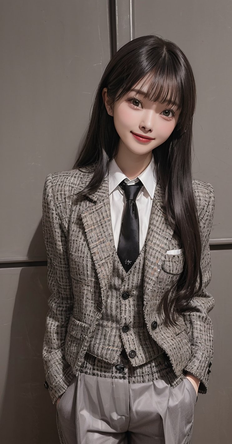 (Tweed_black_blazer_jacket:1.6),(button_waistcoat_wear_inside_blazer:1.5),(top_button_collared_shirt:1.4),(necktie:1.3),(long_pants:1.4),(((((looking_at_viewer,establishing_shot:1.6))))),(((((long_straight_hair_with_complete_bangs:1.8))))),((((standing:1.6)))),(((beautiful_and_aesthetic:1.4))),(((((happy_smile_face:1.6))))),((((plastic_surgery_round_eyes, round_cheeks, high-bridged_nose:1.5)))),((office_room:1.6)),
perfect.,Bomi,Enhance,Model ,Asian ,eungirl,((((1girl)))).,((Perfect lips)).,1 girl,perfect light.