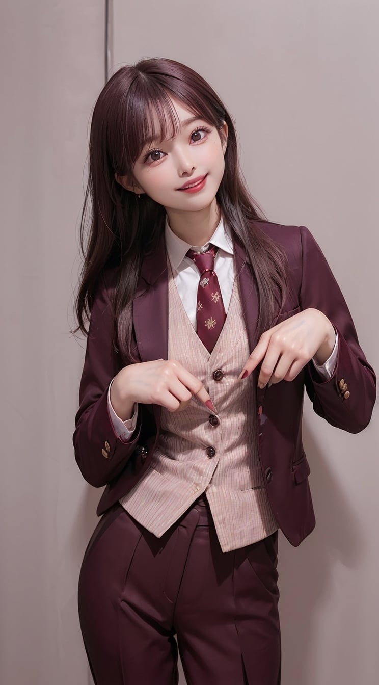 ((((Maroon_blazer_jacket:1.5)))),((((8_buttons_waistcoat_wear_inside_blazer:1.5)))),(((collared_shirt:1.5))),((((necktie:1.5)))),((((long_pants:1.4)))),(((standing:1.3))),((((((front_viewed:1.5)))))),(((((extra_long_hair_with_complete_bangs_with_blurry:1.5))))),((((looking_at_viewer:1.5)))),(beautiful and aesthetic:1.4),((((cute_smiling_happy_face:1.4)))),((((round cheeks, high-bridged nose, plastic surgery round eyes:1.5)))), (((Kpop_style_poses:1.4))),((((office_room:1.4)))),
perfect.,Bomi,Enhance,Model ,Asian ,eungirl,((((1girl)))).,((Perfect lips)).,perfect light,ShokoKomidef
