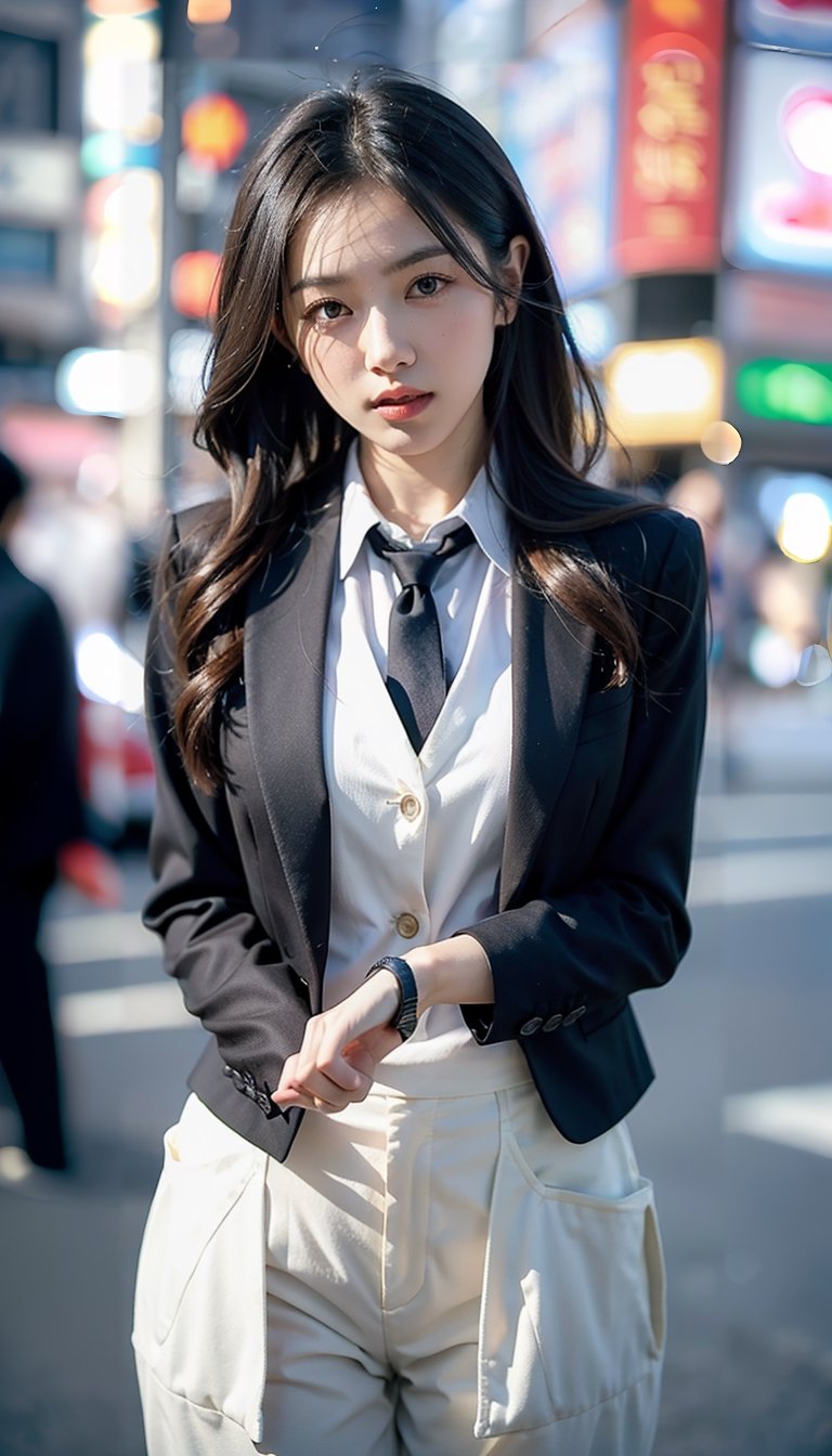 (((((Front viewed, medium level shot:1.2))))), ((standing)), (1girl), (((((young cute Japanese face))))), (((((British style gentleman's button blazer suit:1.5))))), ((((necktie:1.3)))), (((long trousers:1.3))), ((medium body shot)), (((((smiling face:1.5))))), (((plastic surgery huge shining round eyes, small chin, small low jaw, high-bridged nose, small face, small mouth:1.4))), (((((arms_behind_back:1.5))))), ((extra long hair with fringes with blurry:1.4)), ((Tokyo street:1.4)).,Bomi,photorealistic,1 girl