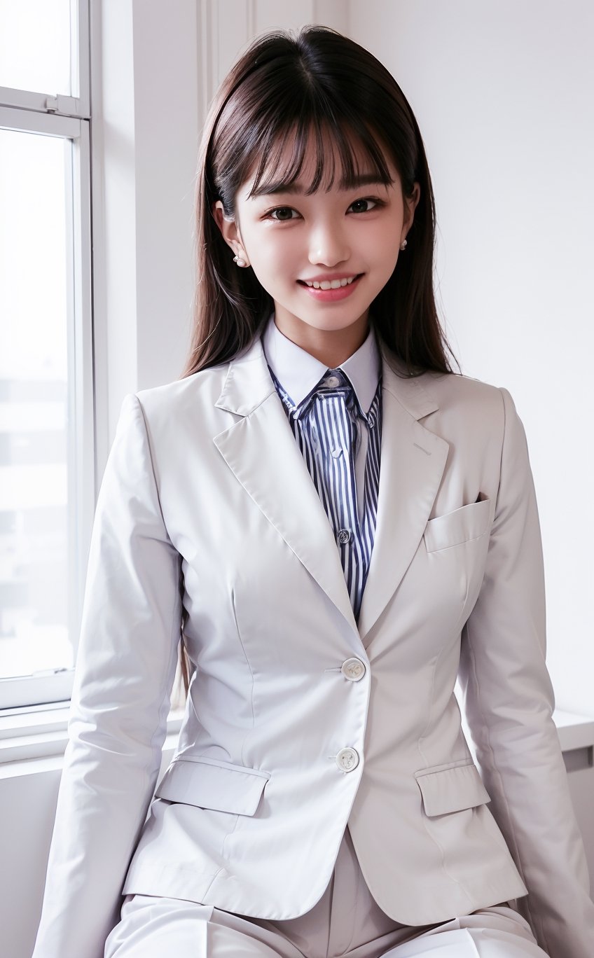 (((((Button_collared_top white blazer suit:1.5))))),((sitting her office chair)),((((medium body shot:1.4)))),(((((long old pants:1.4))))),(beautiful and aesthetic:1.4),((((round cheeks, high-bridged nose, plastic surgery round eyes:1.5)))),((((extra long hair with complete fringes with blurry:1.4)))), ((((smiling face:1.5)))),(((((Kpop stylish pose:1.5))))),(((((bank office room:1.5))))),
perfect.,Bomi,Enhance,Model ,Asian ,Girl,(((eungirl))). ,eungirl,1girl. 