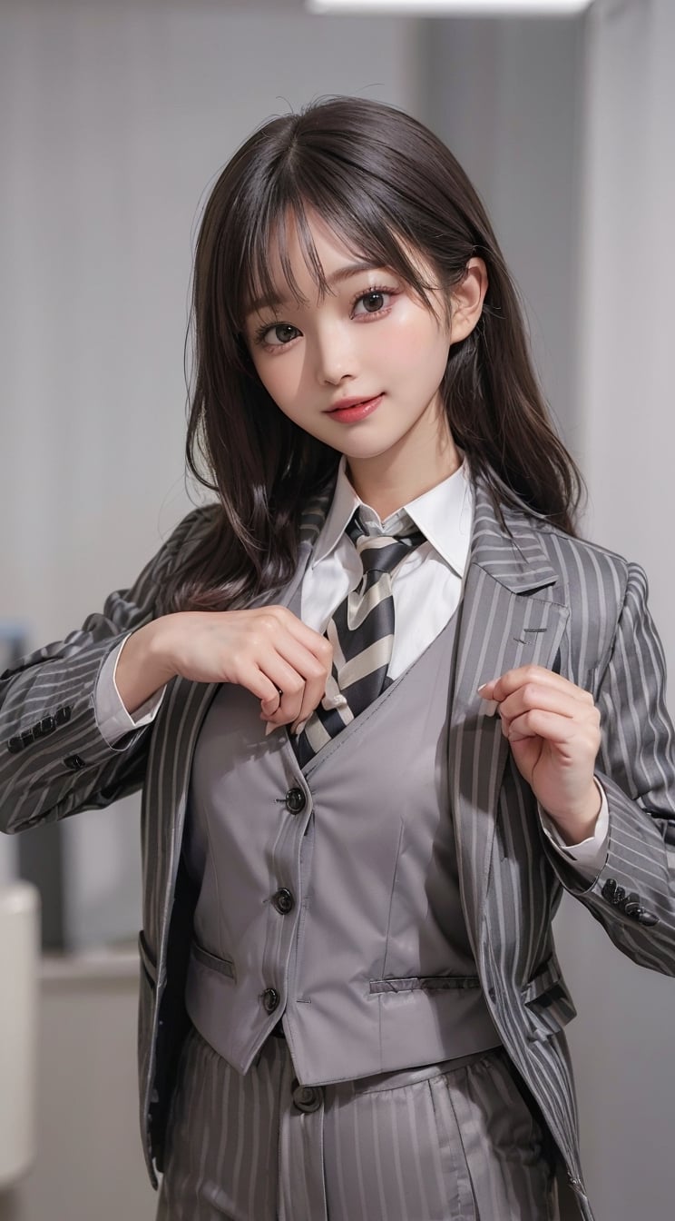 ((((Grey_striped_blazer_jacket:1.5)))),(((((8_buttons_waistcoat_wear_inside_blazer:1.5))))),(((collared_shirt:1.5))),((((necktie:1.5)))),((((long_pants:1.4)))),(((standing:1.3))),((((((front_viewed:1.5)))))),(((((extra_long_hair_with_complete_bangs_with_blurry:1.5))))),((((looking_at_viewer:1.5)))),(beautiful and aesthetic:1.4),((((cute_smiling_happy_face:1.4)))),((((round cheeks, high-bridged nose, plastic surgery round eyes:1.5)))), (((Kpop_style_poses:1.4))),((((office_room:1.4)))),
perfect.,Bomi,Enhance,Model ,Asian ,eungirl,((((1girl)))).,((Perfect lips)).,perfect light,ShokoKomidef