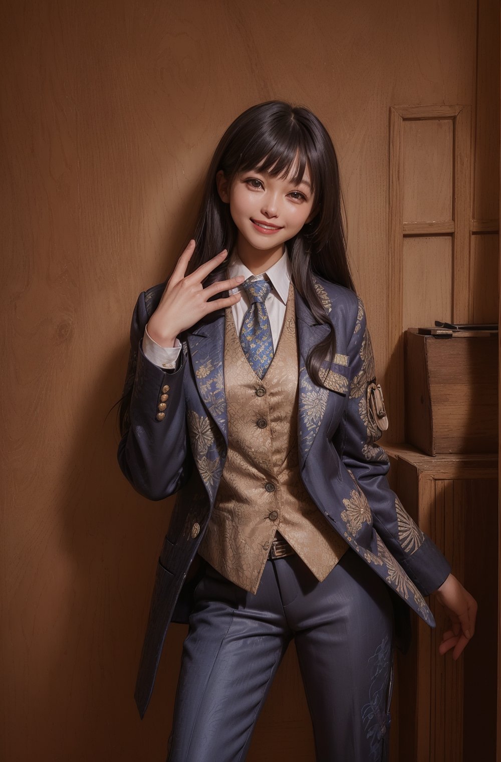 ((((((Batik_blazer_jacket:1.5)))))),(((((button_waistcoat_wear_inside_blazer:1.5))))),(((((top_button_collared_shirt:1.5))))),(((necktie:1.3))),(((((long_pants:1.5))))),((((standing:1.5)))),(((((looking_at_viewer:1.6))))),(((((long_hair_with_complete_bangs:1.6))))),(((beautiful and aesthetic:1.4))),(((((smile_face:1.6))))),((((round cheeks, high-bridged nose:1.5)))),(((((office:1.7))))),
perfect.,Bomi,Enhance,Model ,Asian ,eungirl,((((1girl)))).,((Perfect lips)).