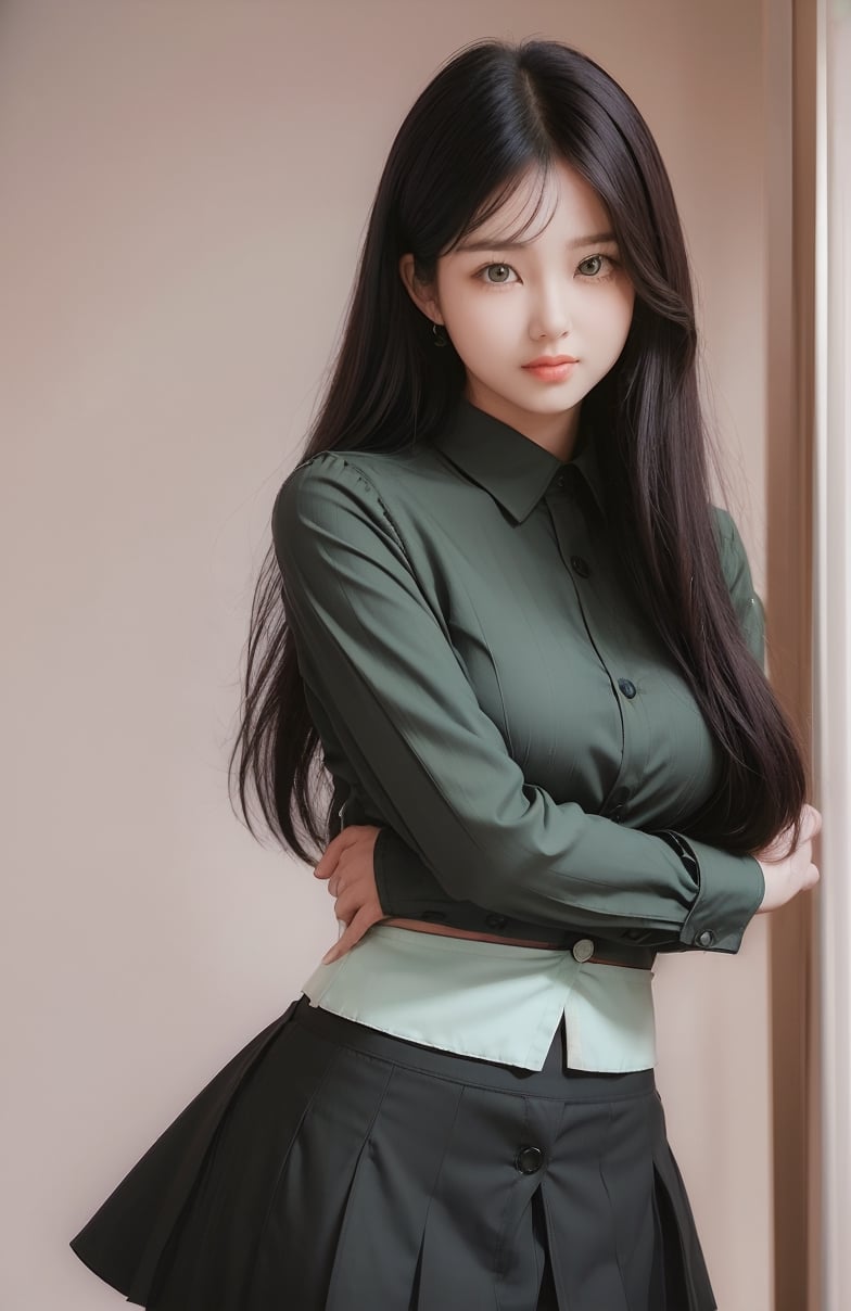 (((((Green_top_collared_button_long_sleeve_shirt:1.4))))),(((black_long_skirt:1.5))),((((standing)))),(((((front_viewed:1.5))))),(((extra_long_hair_with_complete_fringes_with_blurry:1.4))),(((cute_smiling_face:1.3))),((((looking_at_viewer:1.4)))),(beautiful and aesthetic:1.4),((((round cheeks, high-bridged nose, plastic surgery round eyes:1.5)))), (((Kpop style pose:1.4))),(((bank office))),
perfect.,Bomi,Enhance,Model ,Asian ,eungirl,((((1girl)))).,((Perfect lips)).