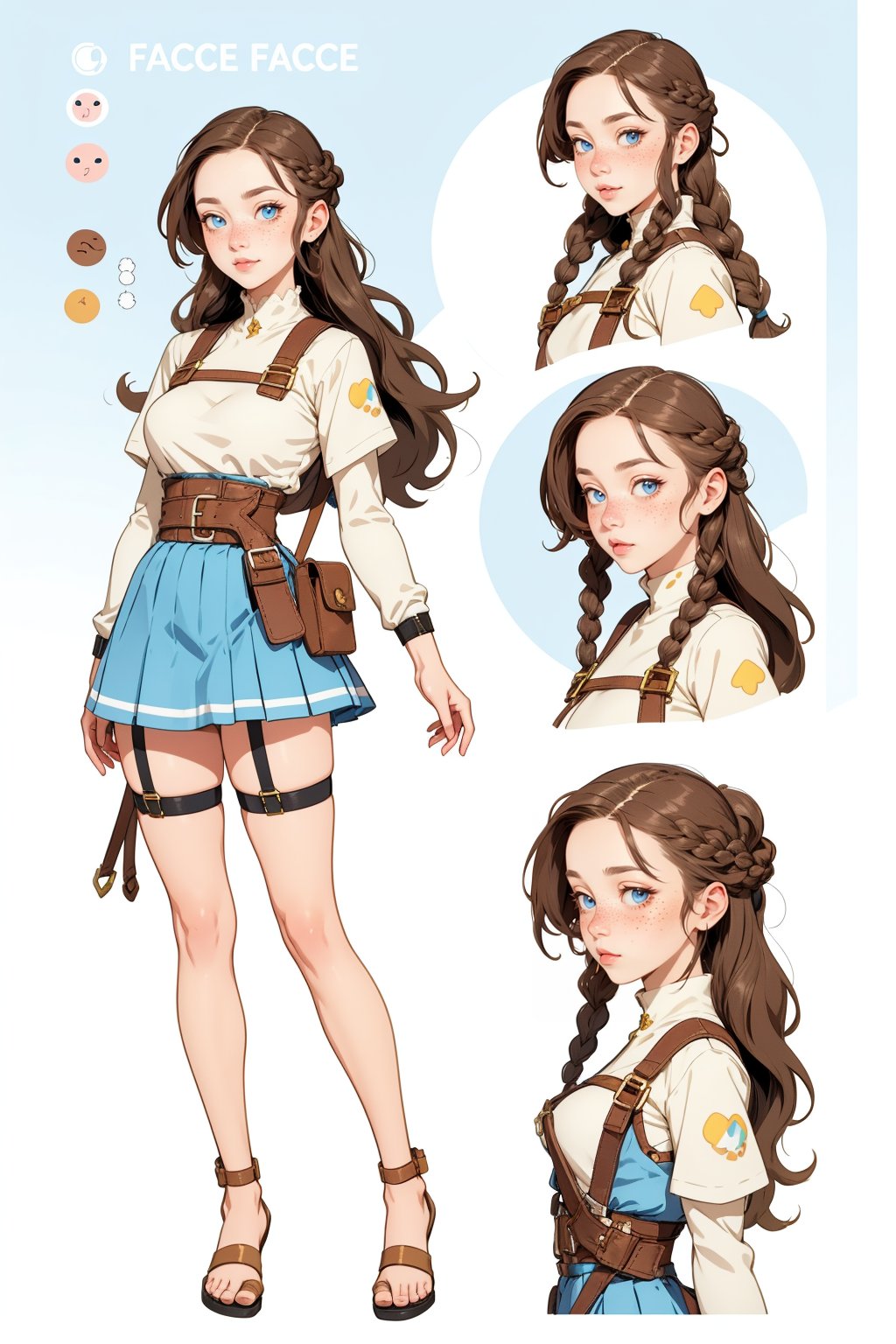  1woman , white long braid hair, freckles face  , blue eyes  , kawaii, wearing skirt, harness, stockings BREAK   ,perfect light,(CharacterSheet:1),(multiple views, full body, upper body, reference sheet:1)