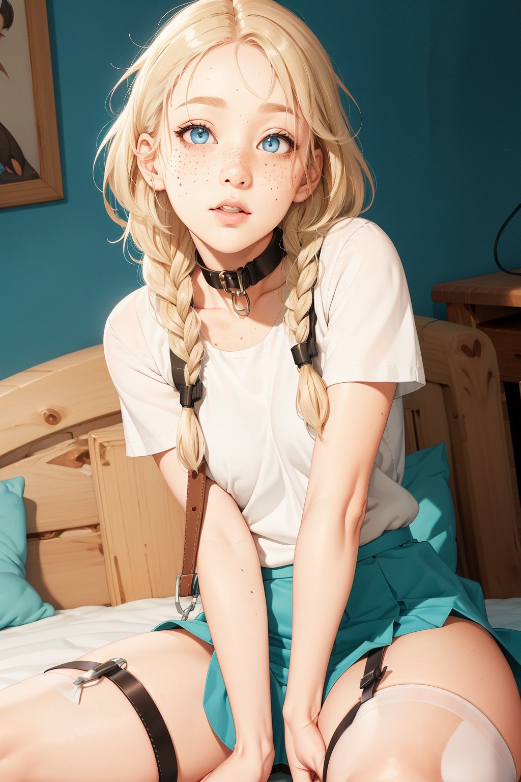  1woman , white long braid hair, freckles face  , blue eyes  , kawaii, wearing skirt, harness, stockings BREAK   ,perfect light,