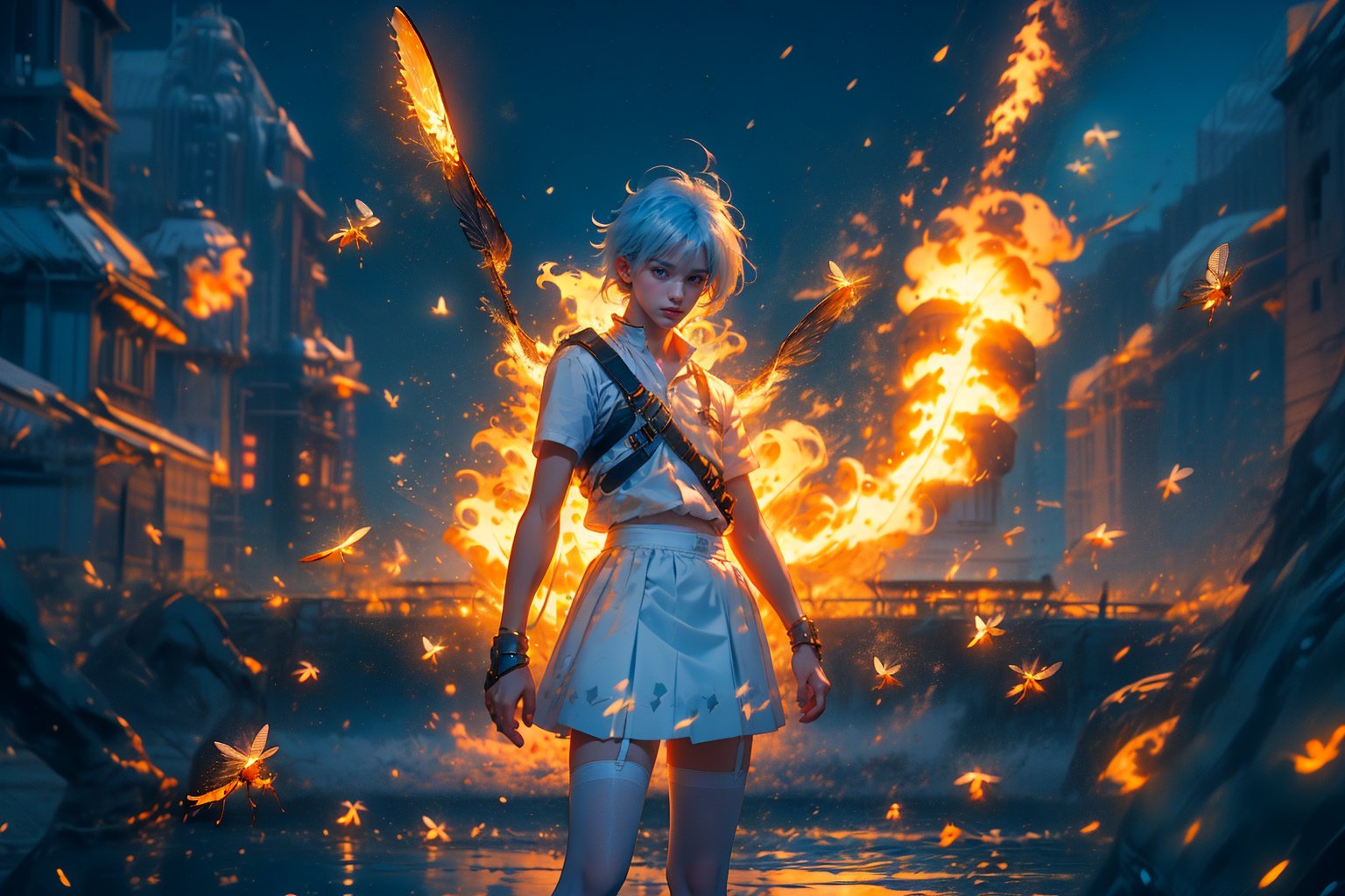  1 man, male face ,  freckles ,at night in the city  ,blue eyes , white hair , kawaii , wearing mini white skirt, harness, stockings BREAK,firefliesfireflies,r1ge