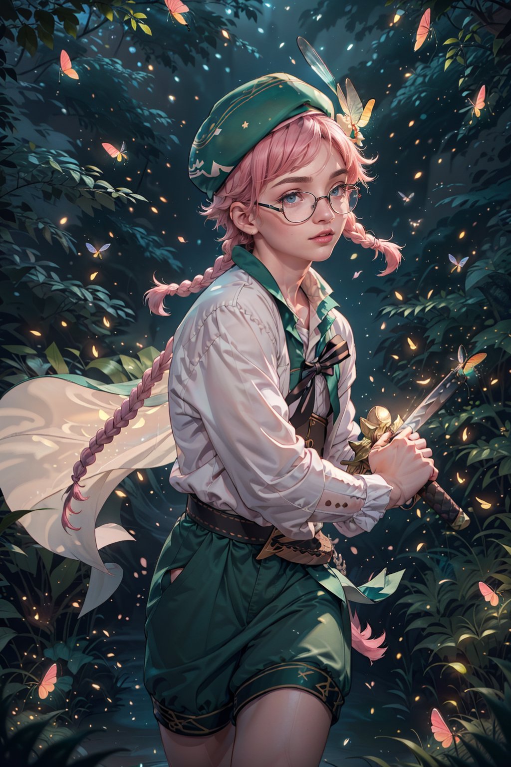  1 man, male face , pink braid hair, twink body, big round glasses, freckles face,  ,green eyes  , kawaii ,ventidef, beret,venti (genshin impact),firefliesfireflies,battoujutsu