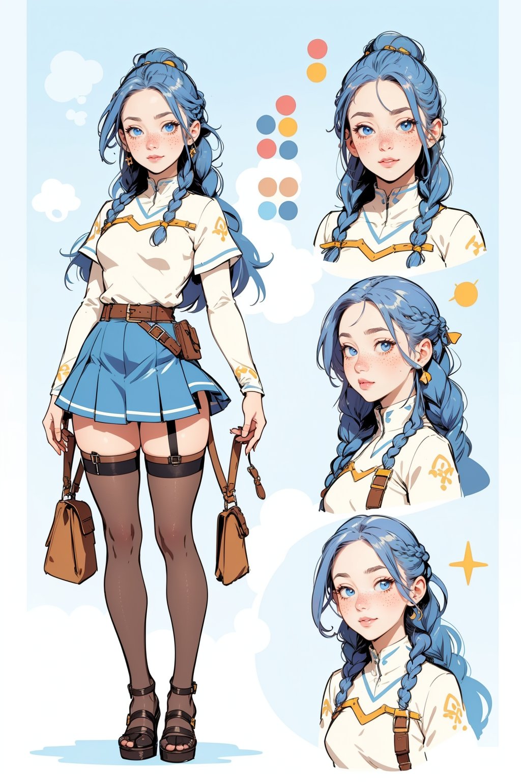  1woman , white long braid hair, freckles face  , blue eyes  , kawaii, wearing skirt, harness, stockings BREAK   ,perfect light,(CharacterSheet:1),(multiple views, full body, upper body, reference sheet:1)