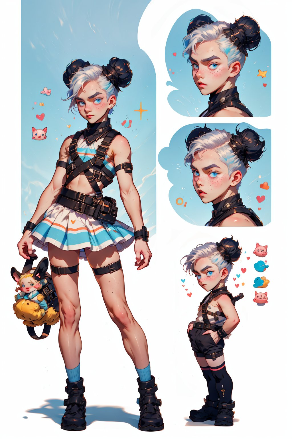  1 boy ,  freckles face,  ,blue eyes , white hair , kawaii , wearing mini white skirt, harness, stockings BREAK,r1ge,(CharacterSheet:1),(multiple views, full body, upper body, reference sheet:1)