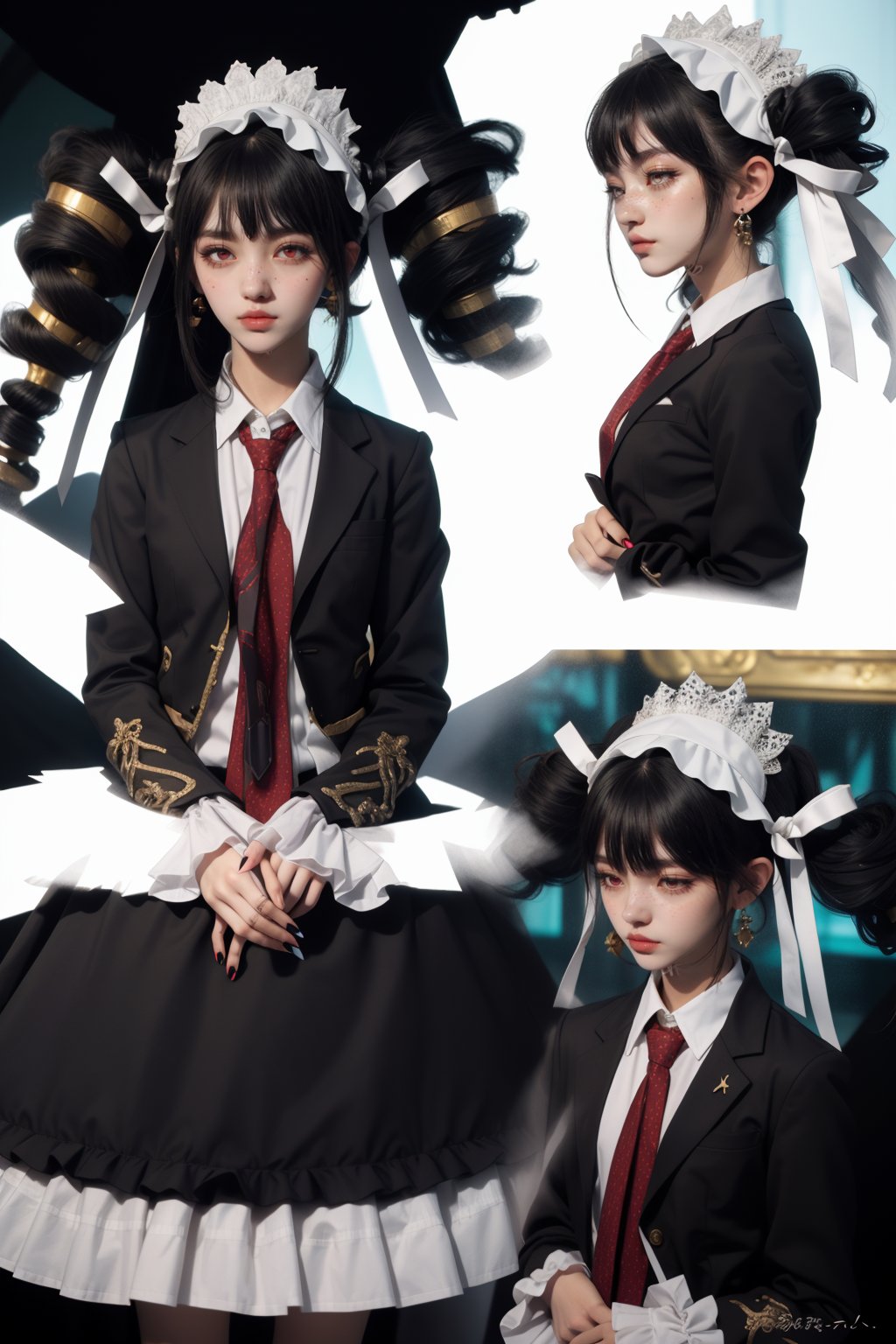  1 woman , celestia ludenberg hair style, twink body, freckles face, dress , red eyes  , kawaii , celestia ludenberg clothes,celestia_ludenberg , long hair, twintails,twin drills, bonnet, lolita fashion,gothic lolita, necktie, frills,earrings, claw ring, nail polish,long sleeves, jacket, red necktie,black jacket, shirt,(CharacterSheet:1),(multiple views, full body, upper body, reference sheet:1)