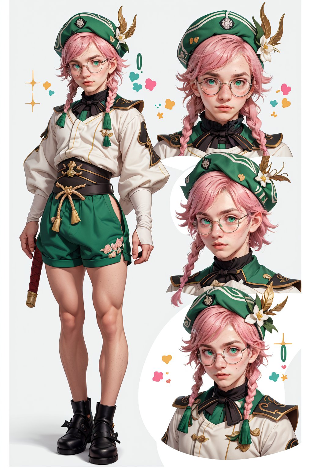  1 man, male face , pink braid hair, twink body, big round glasses, freckles face,  ,green eyes  , kawaii ,ventidef, beret,venti (genshin impact),battoujutsu,(CharacterSheet:1),(multiple views, full body, upper body, reference sheet:1)