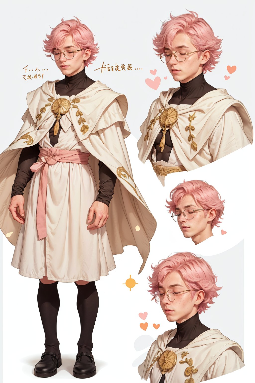  1 man, male face , short pink hair, twink body, freckles face, ,closed eyes  , kawaii ,perfect light,white cape white robe,1boy glasses,(CharacterSheet:1),(multiple views, full body, upper body, reference sheet:1)