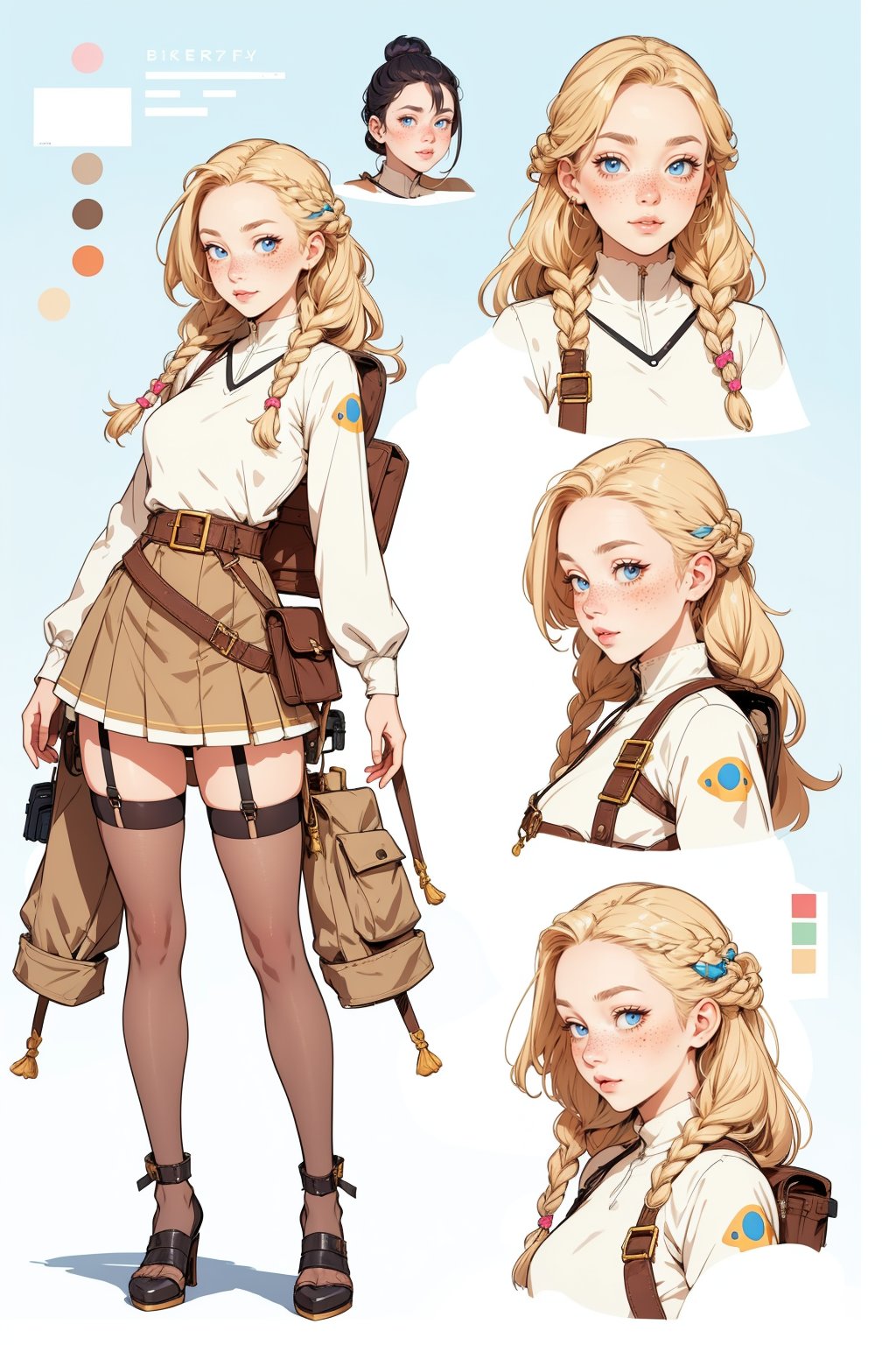  1woman , white long braid hair, freckles face  , blue eyes  , kawaii, wearing skirt, harness, stockings BREAK   ,perfect light,(CharacterSheet:1),(multiple views, full body, upper body, reference sheet:1)