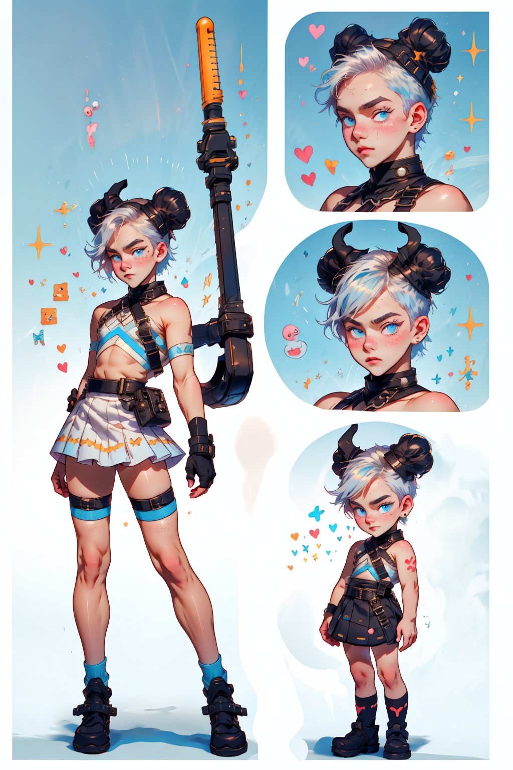  1 boy ,  freckles face,  ,blue eyes , white hair , kawaii , wearing mini white skirt, harness, stockings BREAK,r1ge,(CharacterSheet:1),(multiple views, full body, upper body, reference sheet:1)