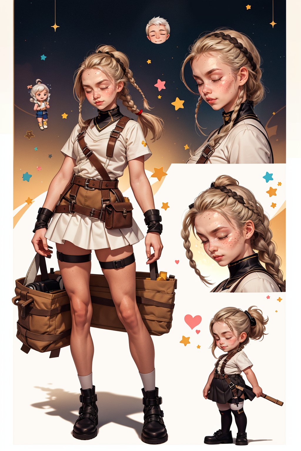  1 woman ,  freckles face,  ,closed eyes , braid white hair , kawaii , wearing mini white skirt, harness, stockings BREAK,r1ge,(CharacterSheet:1),(multiple views, full body, upper body, reference sheet:1)