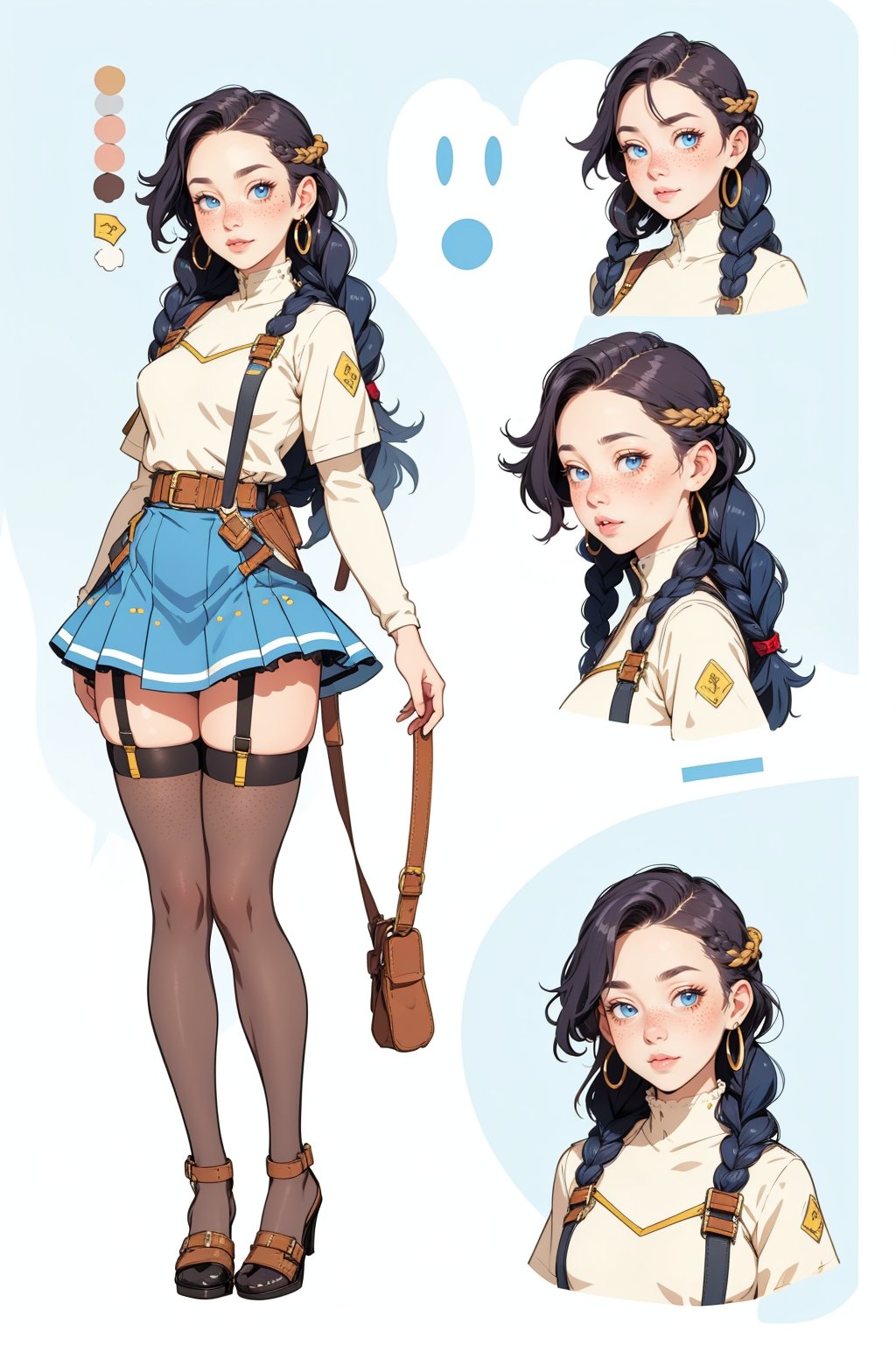  1woman , white long braid hair, freckles face  , blue eyes  , kawaii, wearing skirt, harness, stockings BREAK   ,perfect light,(CharacterSheet:1),(multiple views, full body, upper body, reference sheet:1)