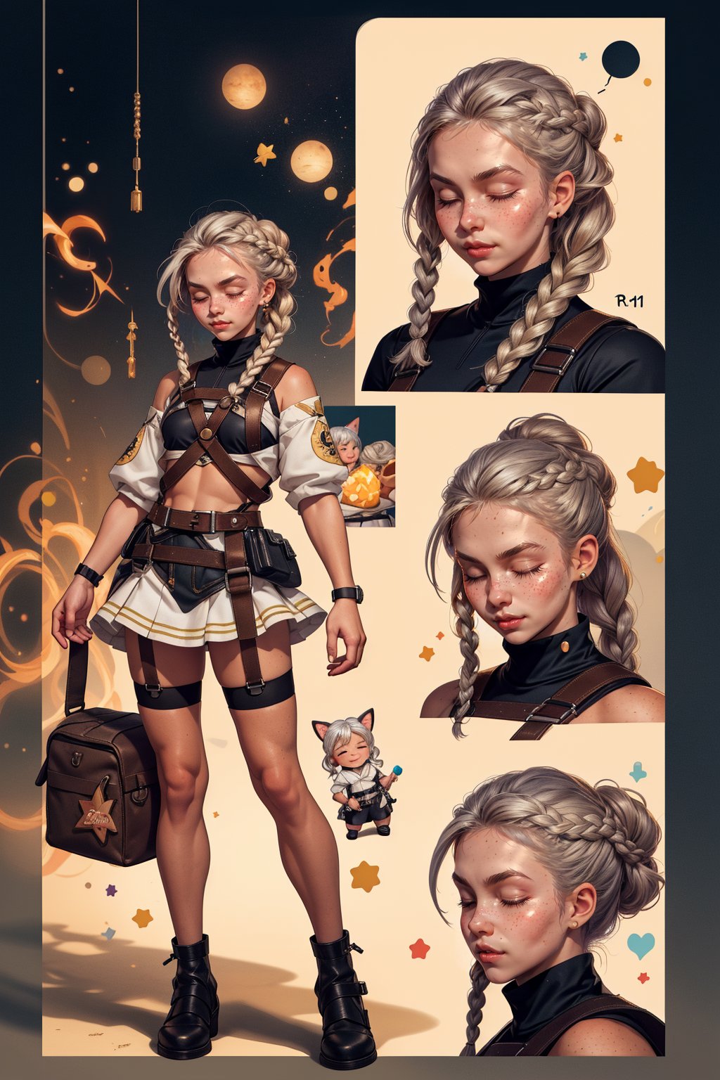  1 woman ,  freckles face,  ,closed eyes , braid white hair , kawaii , wearing mini white skirt, harness, stockings BREAK,r1ge,(CharacterSheet:1),(multiple views, full body, upper body, reference sheet:1)