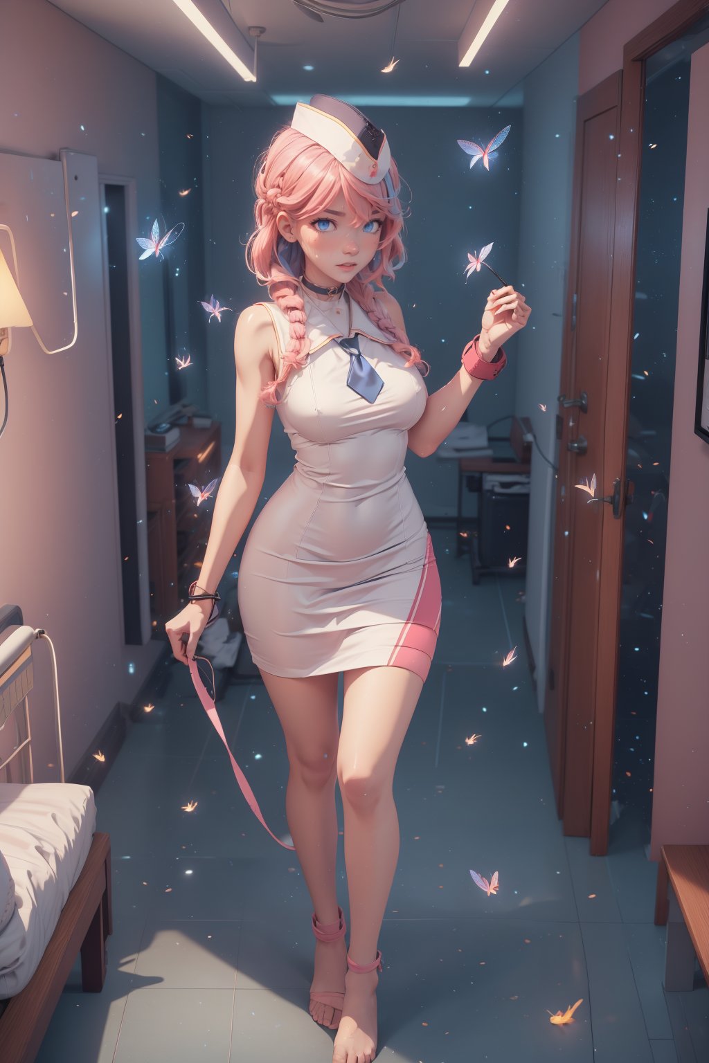 1woman, braid pink hair man ,  full body , blue eyes, sweaty body , ,sexy face, hospital room backwards , sexy choker  , ,ruanyi0220,firefliesfireflies,3d animation,sleeveless dress,pencil dress,garrison cap,necktie,gloves,cuffs