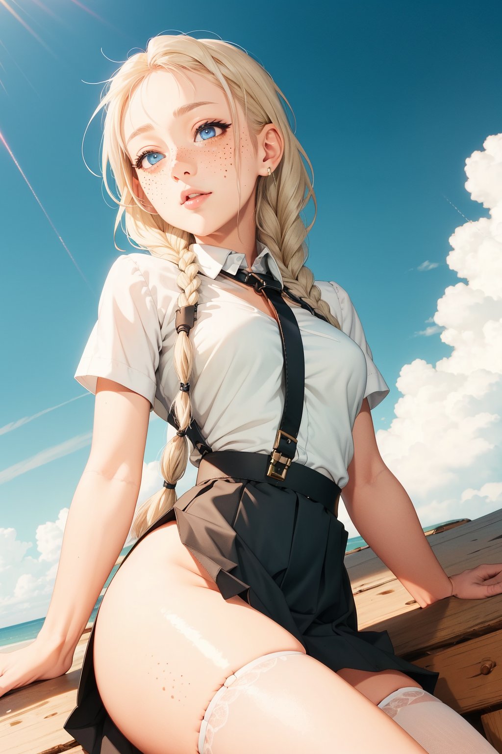  1woman , white long braid hair, freckles face  , blue eyes  , kawaii, wearing skirt, harness, stockings BREAK   ,perfect light,