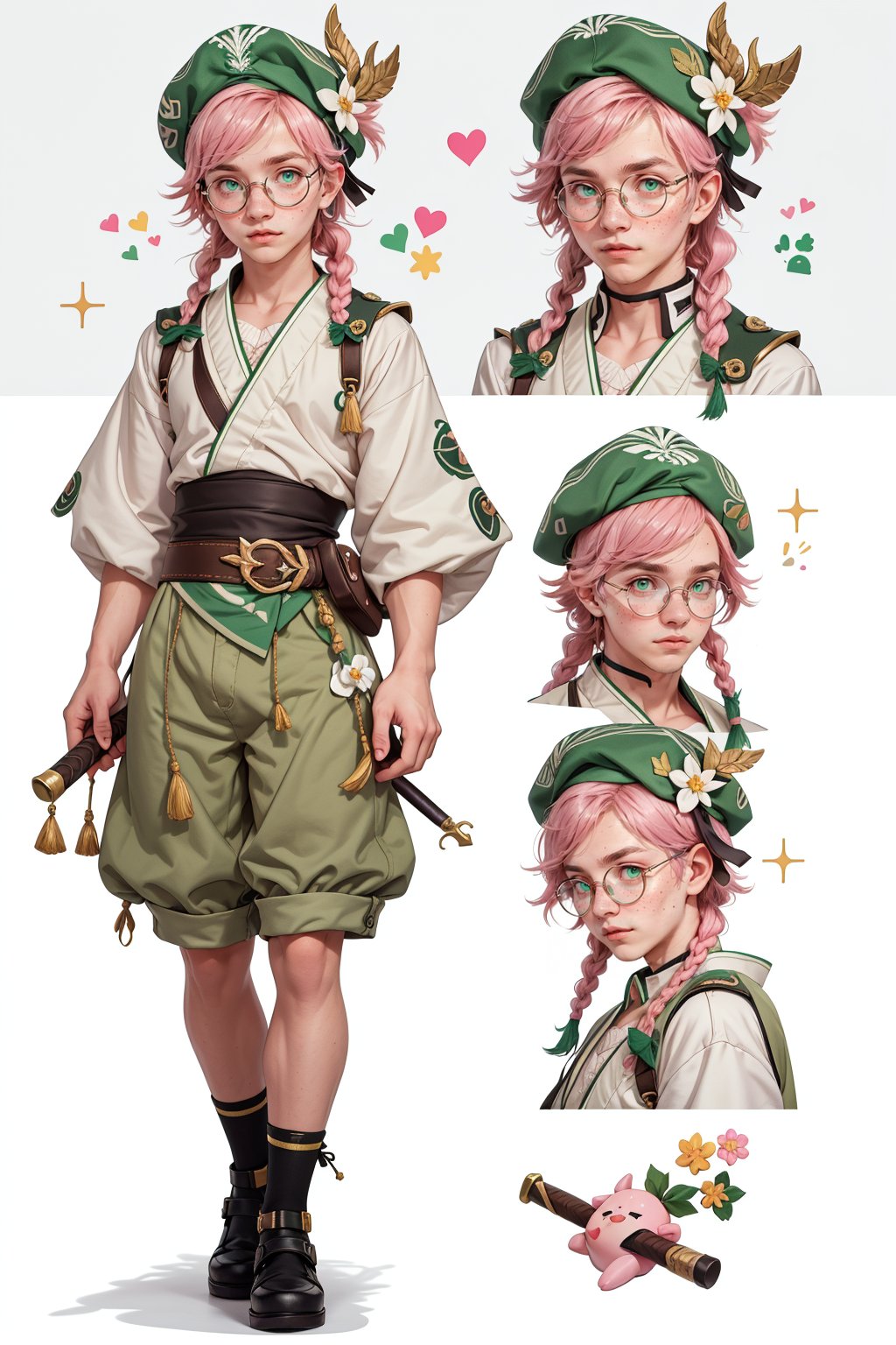  1 man, male face , pink braid hair, twink body, big round glasses, freckles face,  ,green eyes  , kawaii ,ventidef, beret,venti (genshin impact),battoujutsu,(CharacterSheet:1),(multiple views, full body, upper body, reference sheet:1)