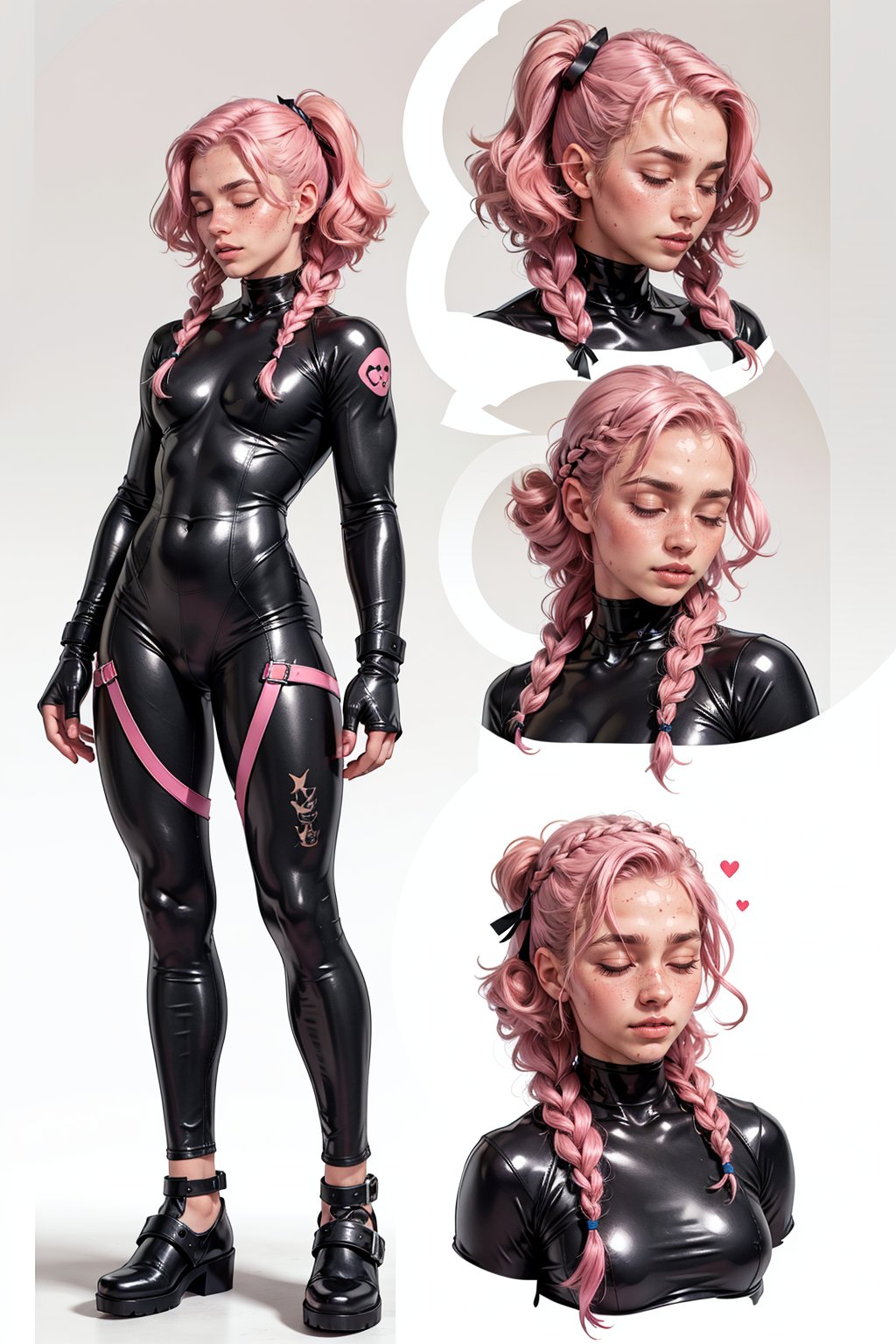  1 woman , braid pink hair, twink body, freckles face, ,closed eyes  , kawaii ,bodysuit,latex,(CharacterSheet:1),(multiple views, full body, upper body, reference sheet:1)