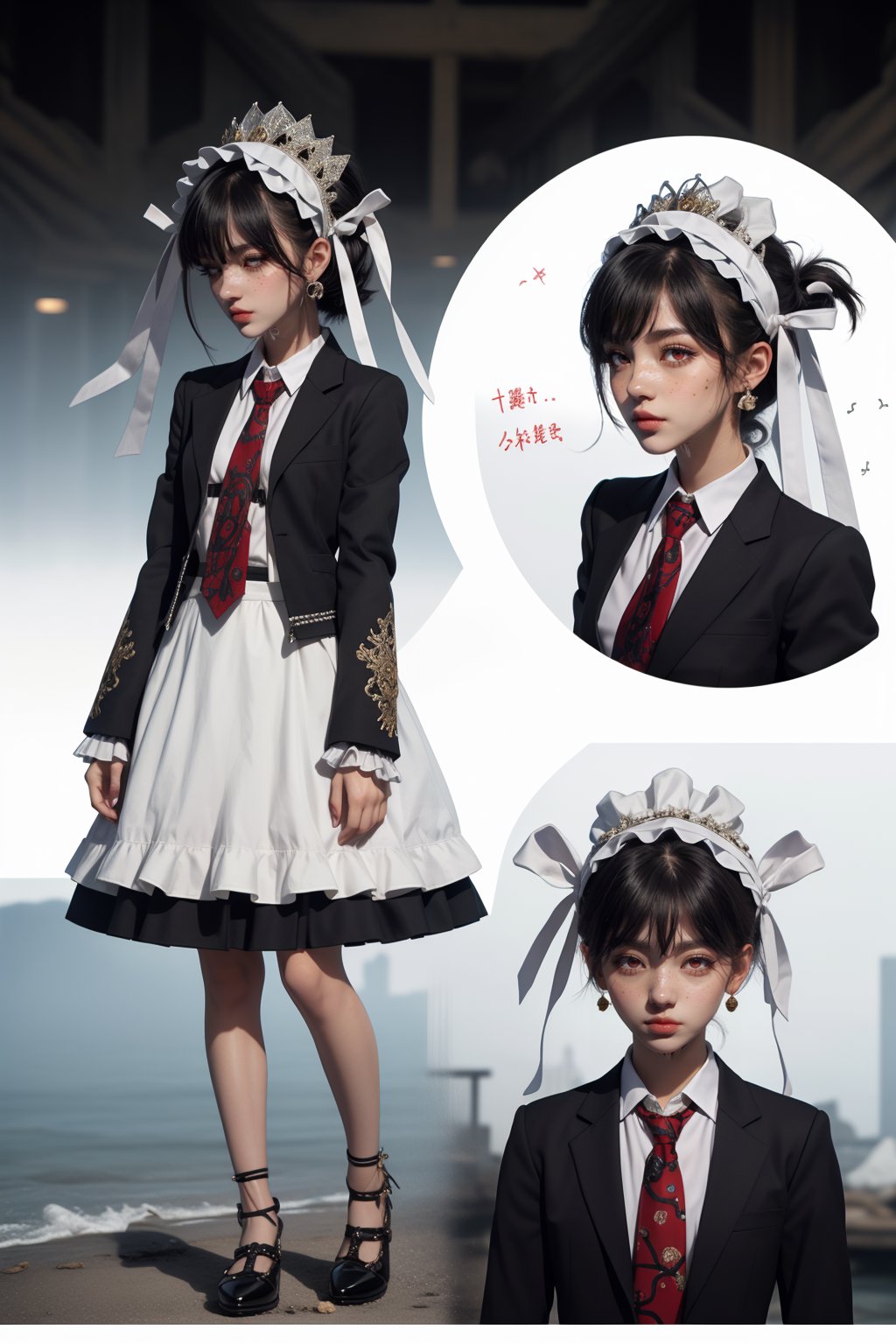  1 woman , celestia ludenberg hair style, twink body, freckles face, dress , red eyes  , kawaii , celestia ludenberg clothes,celestia_ludenberg , long hair, twintails,twin drills, bonnet, lolita fashion,gothic lolita, necktie, frills,earrings, claw ring, nail polish,long sleeves, jacket, red necktie,black jacket, shirt,(CharacterSheet:1),(multiple views, full body, upper body, reference sheet:1)