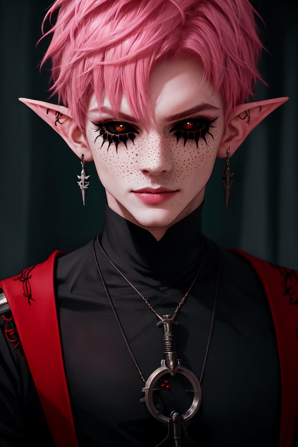  1 man, male face , short pink hair, twink body, freckles face , kawaii ,perfect light , elf ear,fantasy clothing,wrenchftmfshn,Completely_black_eyes,dark_sclera,empty eyes,black sclera , intense smile