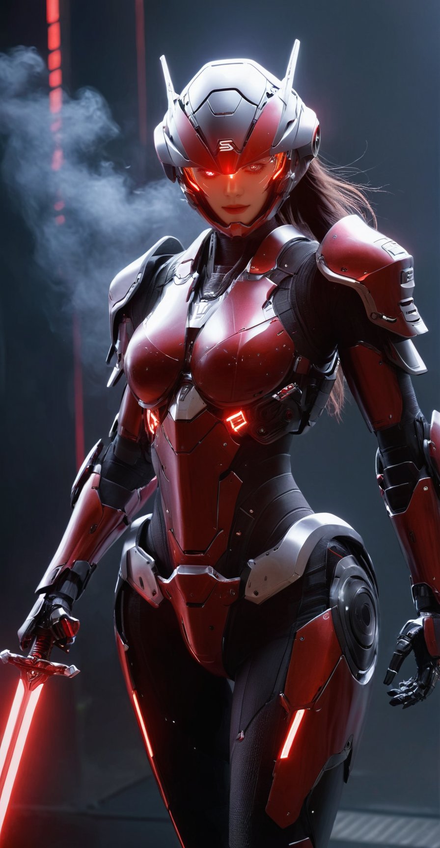 (ultra realistic,best quality),photorealistic,Extremely Realistic, in depth, cinematic light,mecha\(hubggirl)\,

a female robot soldier, holding two glowing red swords with both hands, dynamic poses, dark background,

particle effects, perfect hands, perfect lighting, vibrant colors, 
intricate details, high detailed skin, 
intricate background, realism, realistic, raw, analog, taken by Canon EOS,SIGMA Art Lens 35mm F1.4,ISO 200 Shutter Speed 2000,Vivid picture,hubggirl