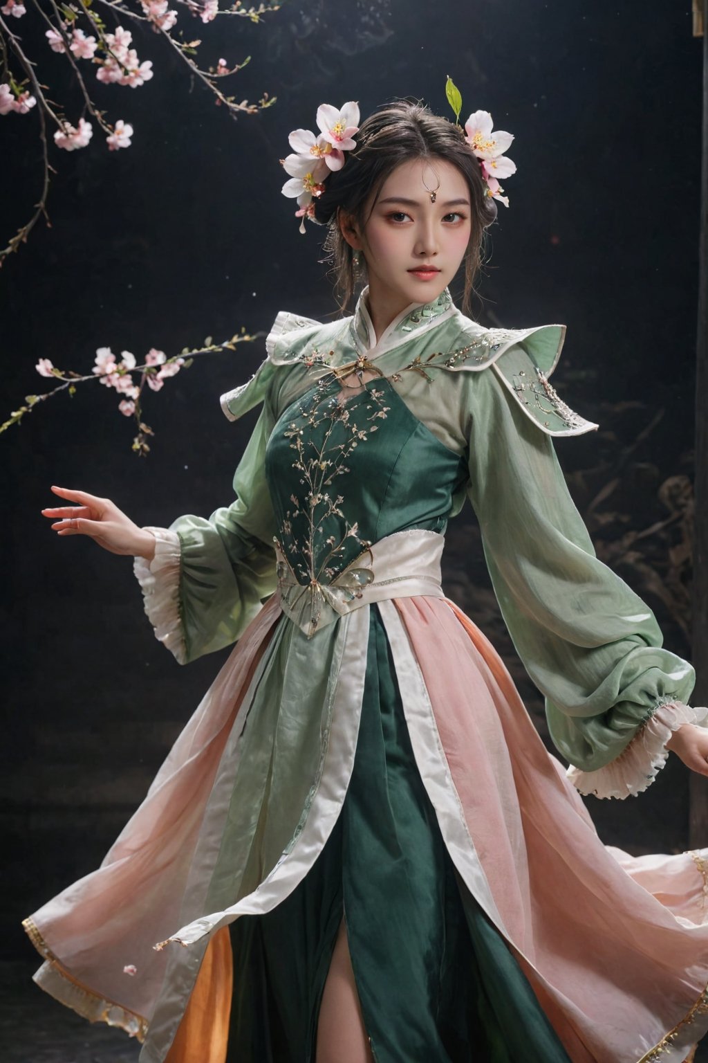 masterpiece, best quality, ultra-detailed, best shadow, detailed background,dark fantasy, mecha\(hubggirl)\,

Against a pitch black background with a hint of starlight, a Chinese style ancient blank scroll unfolds, on which lies a beautiful ancient fairy with Chinese elements, pink and green Chinese court attire, hair buns, long sleeves dancing in the wind, elegant, with waves of light flowing in the eyes, embellished with peach blossom branches (countless peach petals falling), beautiful and sacred, (soft light mirror effect: 1.5), the fairy descended to earth, stunning, mixed style,

dynamic poses, particle effects, perfect hands,
beautiful detailed face, high contrast, best illumination, an extremely delicate and beautiful, 
cinematic light, colorful, hyper detail, dramatic light, intricate details,