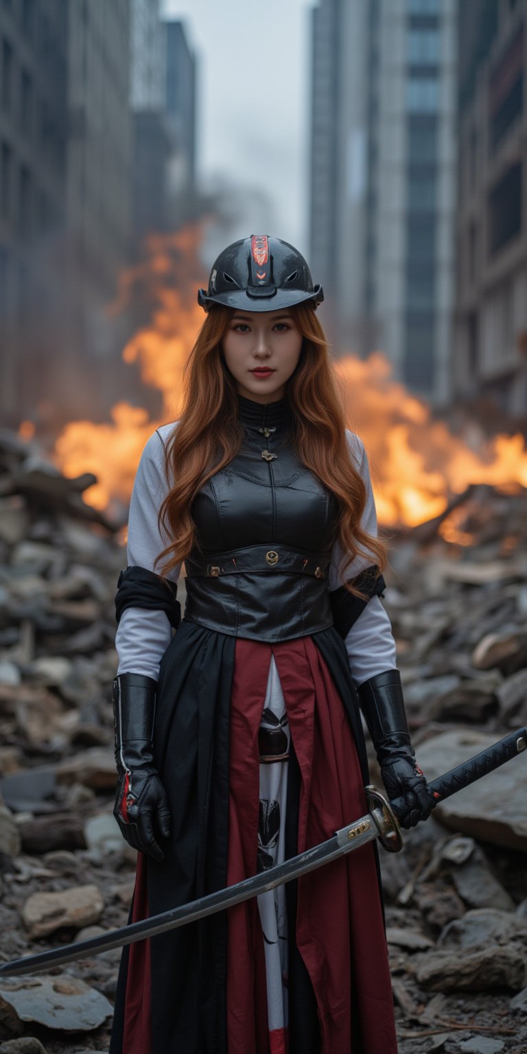 masterpiece, UHD, 8K, 1 female, solo, long hair, lining, medium size, holding, very long hair, standing, weapon, red hair, cowboy scene, glowing red eyes, holding glowing katana, helmet dangerous-, hotoke-do, Sode, Kote, Haidate, Suneate, Kusazuri, mark robot, sci-fi, dual use, android, match, match robot, energy sword, real robot, setting is a battlefield In the ruins of a modern city, fire and smoke flare up behind the character, the background blurred
