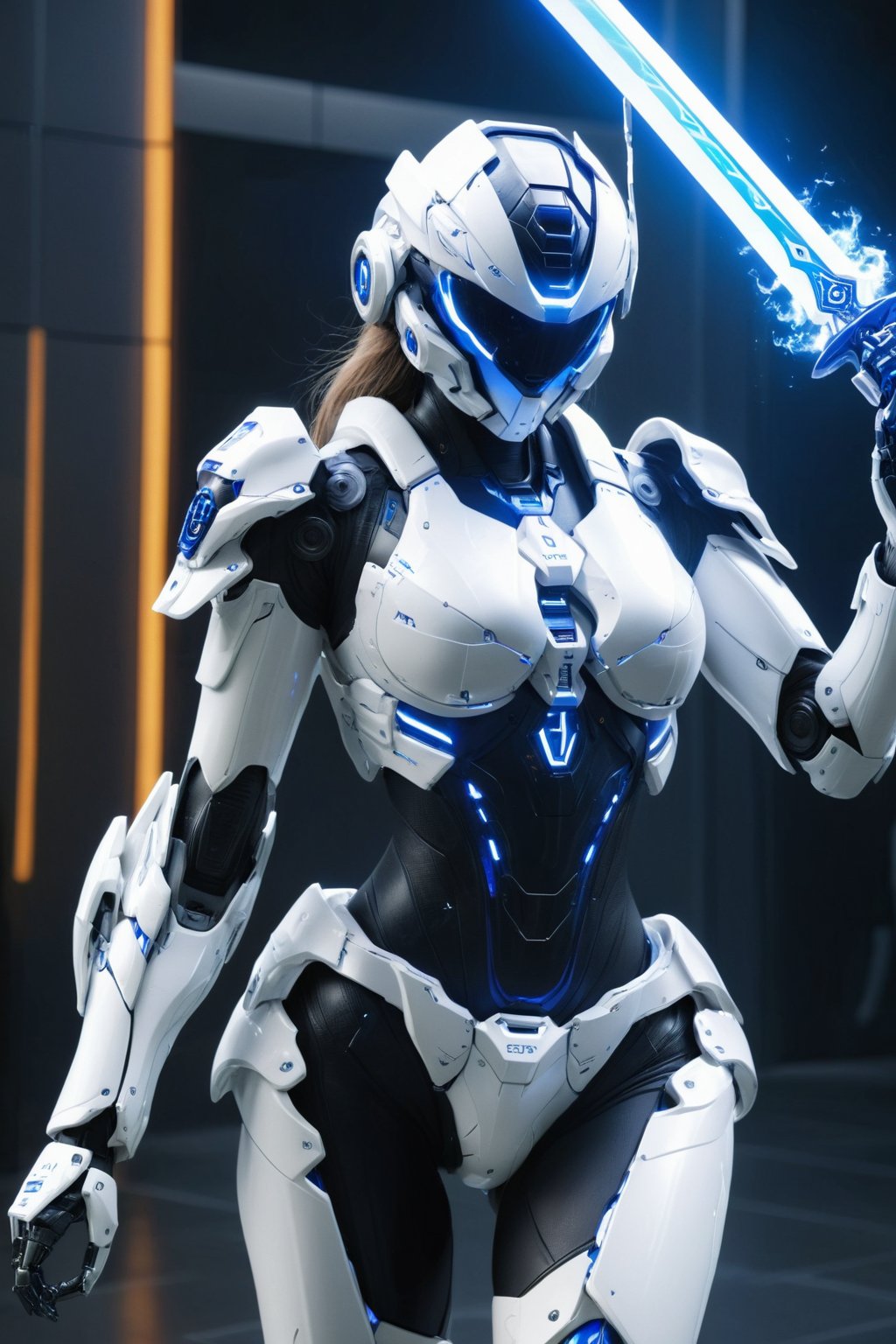 (ultra realistic,best quality),photorealistic,Extremely Realistic, in depth, cinematic light,mecha\(hubggirl)\,

a white female robot soldier, holding a glowing blue sword downwards, 

dynamic poses, particle effects, 
perfect hands, perfect lighting, vibrant colors, 
intricate details, high detailed skin, 
intricate background, realism, realistic, raw, analog, taken by Canon EOS,SIGMA Art Lens 35mm F1.4,ISO 200 Shutter Speed 2000,Vivid picture,hubggirl