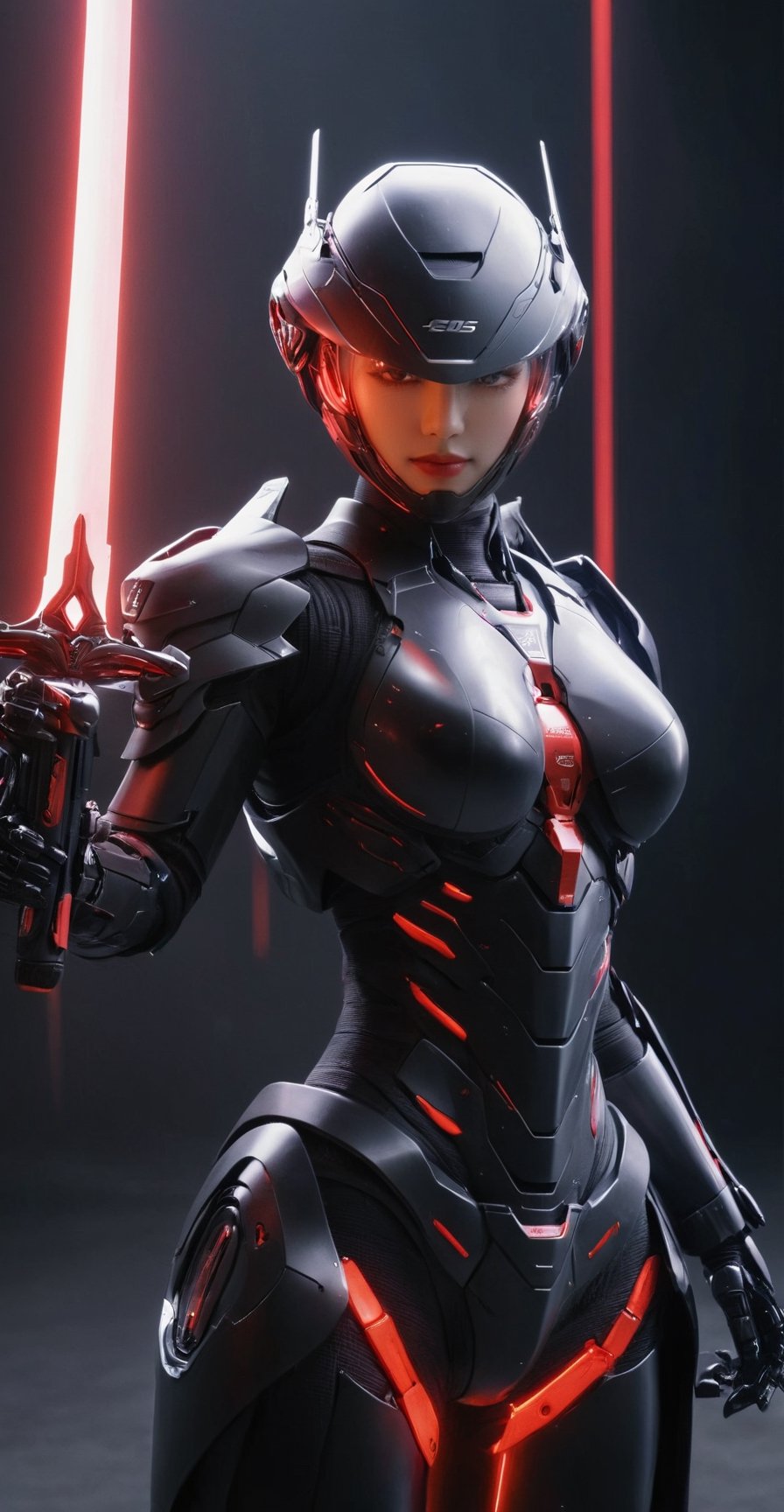 (ultra realistic,best quality),photorealistic,Extremely Realistic, in depth, cinematic light,mecha\(hubggirl)\,

a female robot soldier, holding two glowing red swords with both hands, dynamic poses, dark background,

particle effects, perfect hands, perfect lighting, vibrant colors, 
intricate details, high detailed skin, 
intricate background, realism, realistic, raw, analog, taken by Canon EOS,SIGMA Art Lens 35mm F1.4,ISO 200 Shutter Speed 2000,Vivid picture,hubggirl