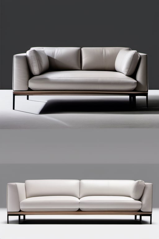 minotti furniture 2 seater sofa in light grey in satin matt leather with with texture, light fumed oak  timber with rectangular tepering 4 legs , half armrest with thick bolder base. 

sofa with 4 number square leather with self piping throw cushion. 

white background 
provide top view, side view and perspective view 
 
