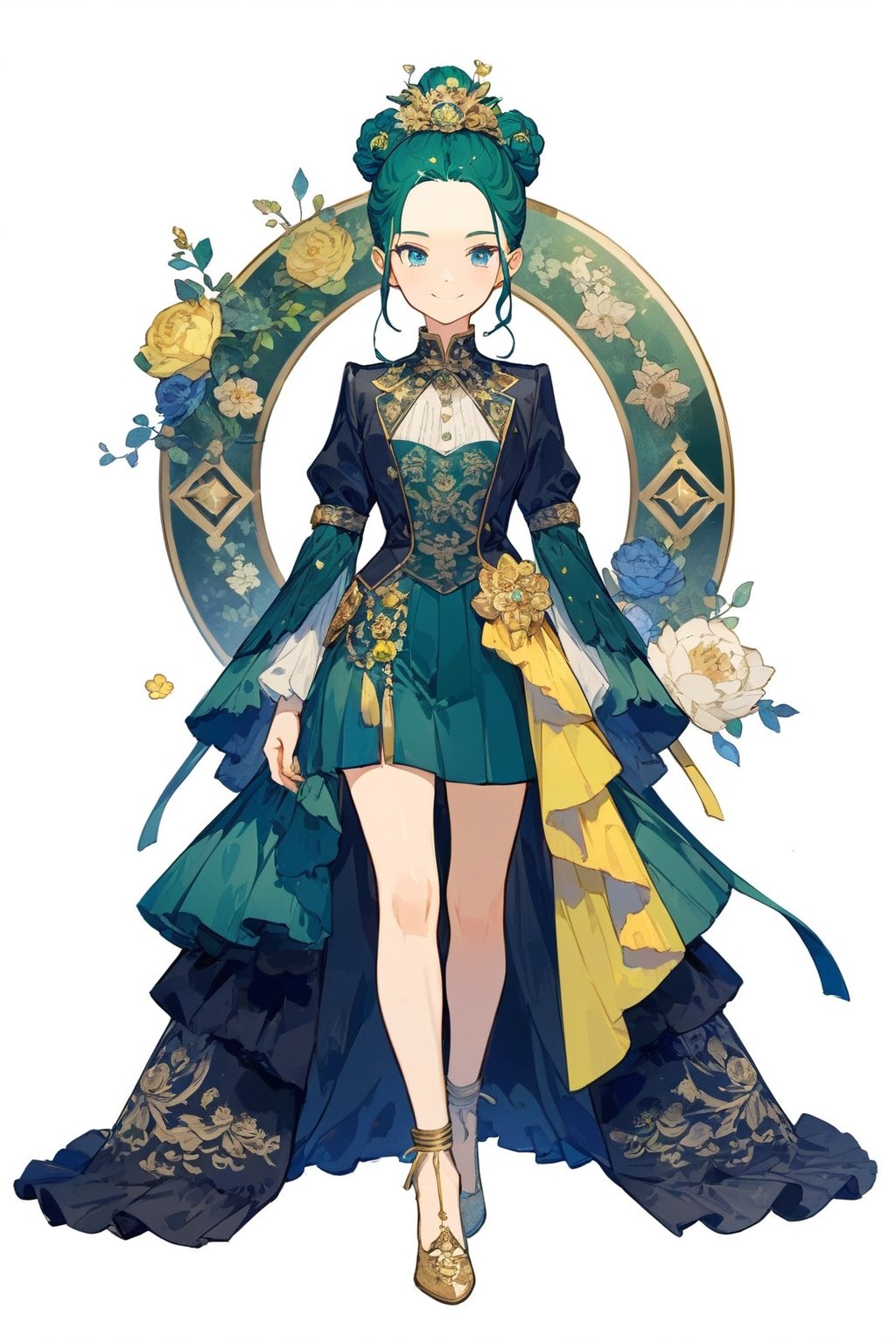 30-year-old woman, mature, noble, elegant, mysterious, dark green hair, bun, blue eyes, multi-layered ancient Roman suit, yellow and green color scheme, colorful, ribbon design, forehead jewelry, smile, crazy, flowers, gemstone luster, The facial features are clear, the character is single, the whole body is whole, complete, the background is clean, light and shadow