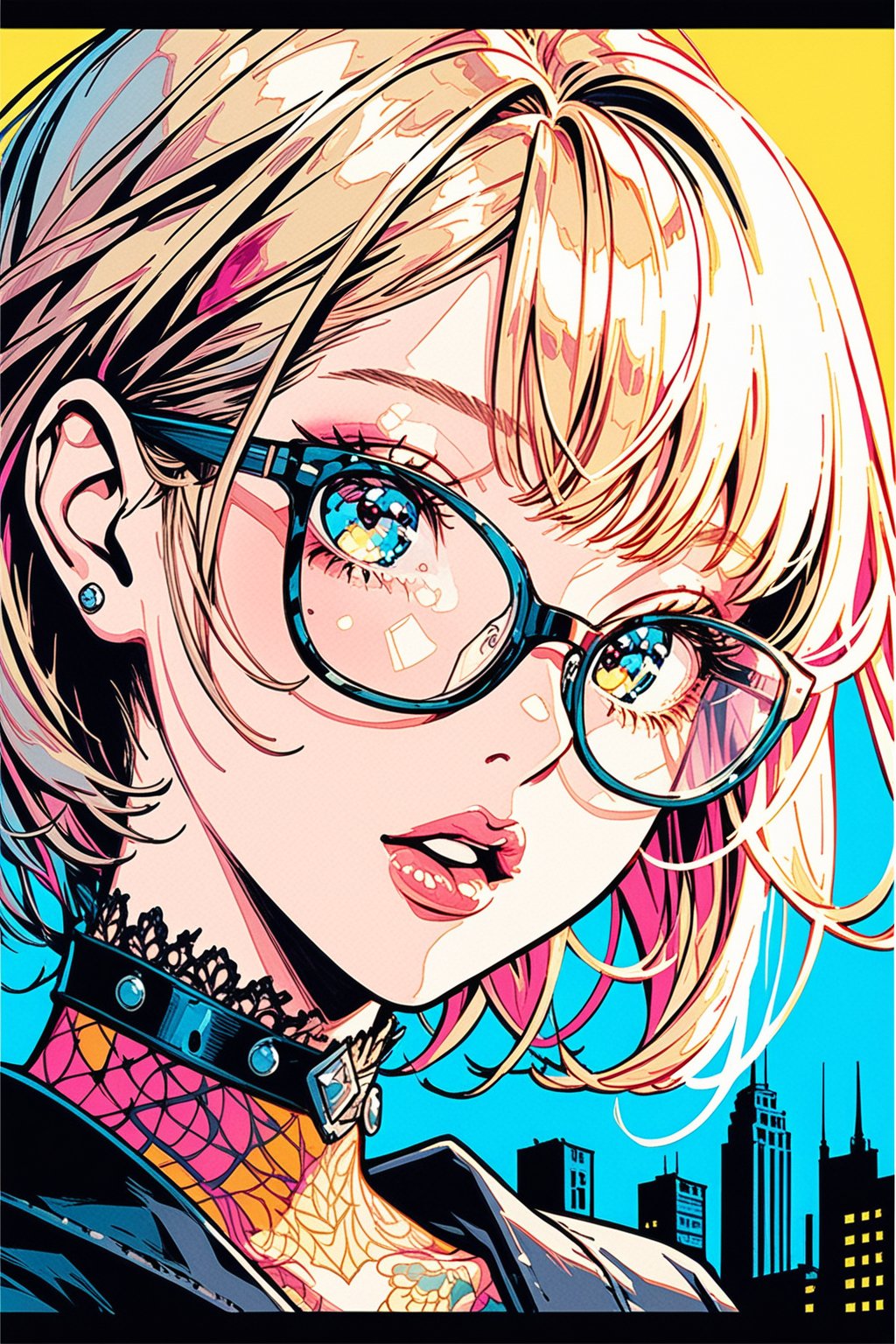 comic book illustration of a portrait of a woman wearing glasses, (((only one woman))), lightly open lips, short blonde with pink highlights hair, tattooed  body, full color, vibrant colors, 
sexy body, detailed gorgeous face, shooting a movie, film environment, film set in background, exquisite detail,  30-megapixel, 4k, Flat vector art, Vector illustration, Illustration,,,<lora:659095807385103906:1.0>