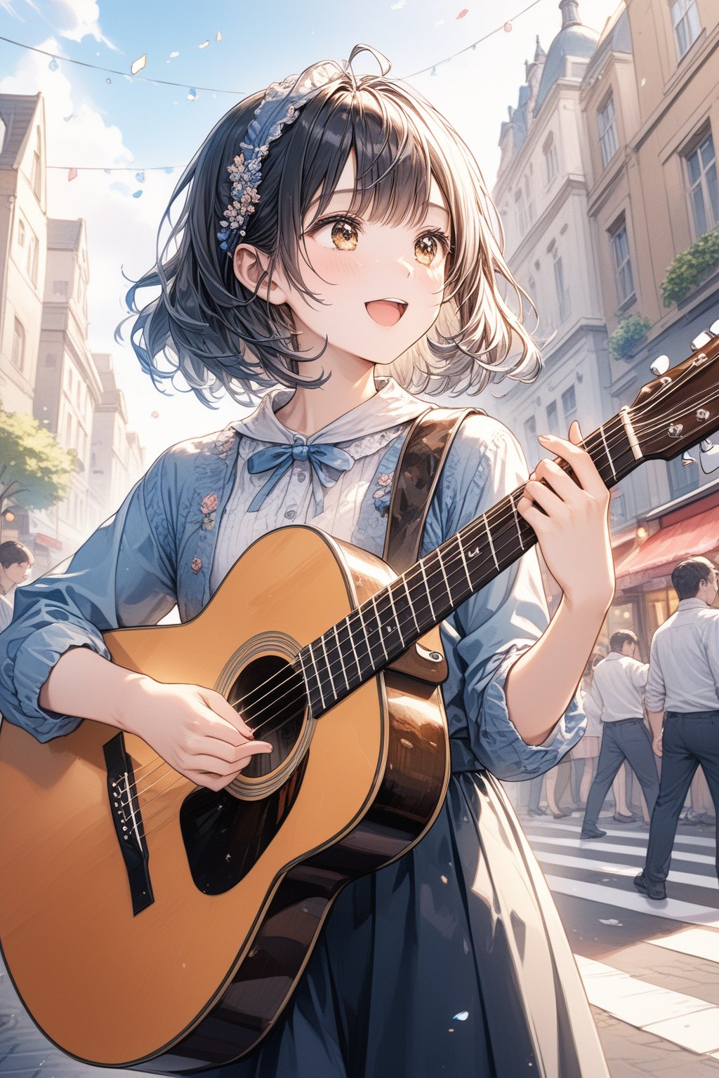 A cool and charming girl plays the guitar skillfully on the busy street and entertains passers-by. The girl's expression exudes a natural musical talent and captivates the audience with her melodic tunes. Onlookers paused to enjoy the impromptu street performance.Clear hands, correct hands,correct finger,(super detailed perfect work: 1.2), illustration, masterpiece, (extremely detailed CG 8k), (Very Detailed 8K CG),