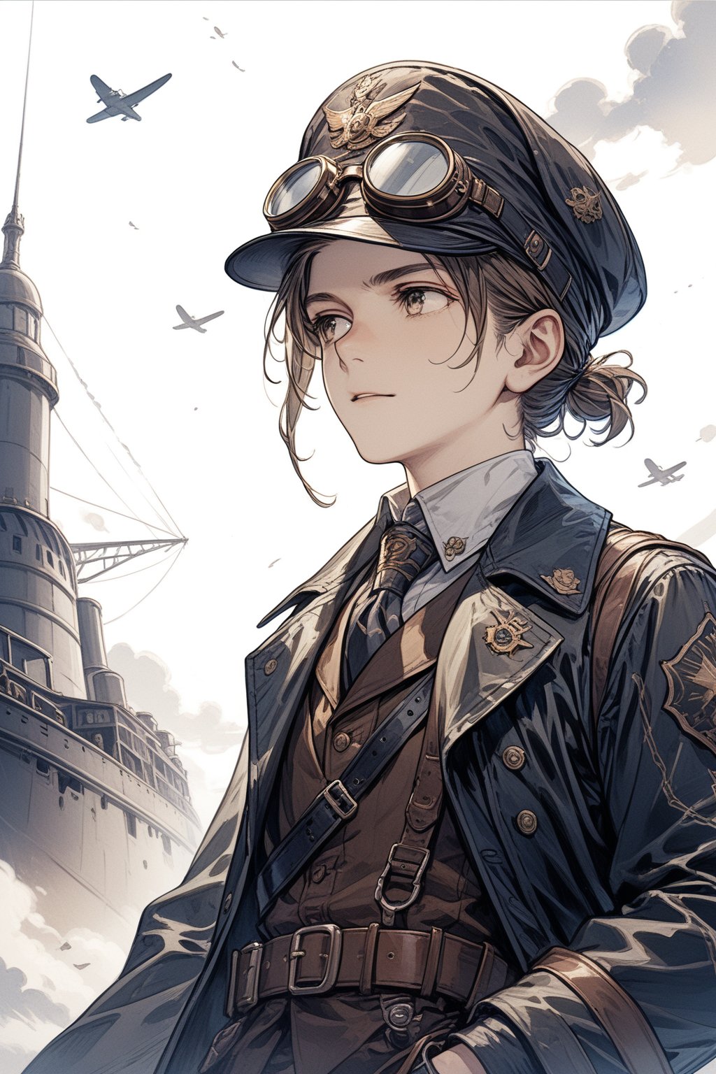 Boy, exquisite face, high-quality illustration, ultra-high quality, hat, goggles, World War II pilot, steampunk style